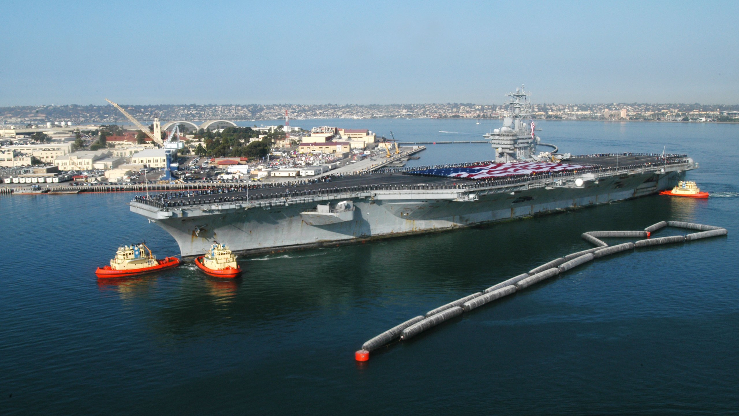 In this U.S. Navy handout, the USS Nimitz arrives in her homeport at Naval Air Station North Island November 5, 2003 in Coronado, California.