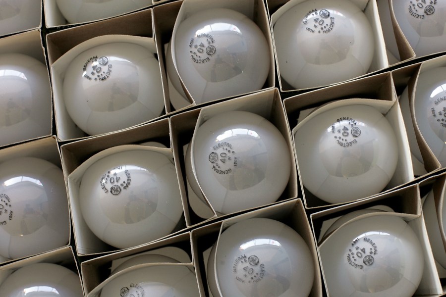 Boxes of incandescent light bulbs are seen at the City Lights Light Bulb Store January 31, 2007 in San Francisco, California. (Credit: Justin Sullivan/Getty Images)