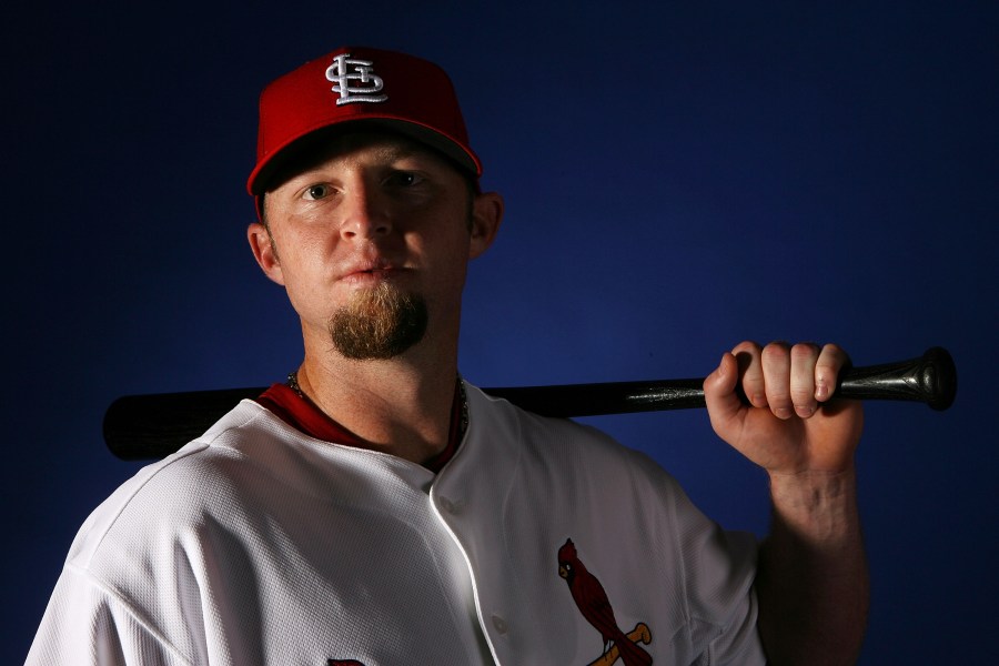 Chris Duncan #16 of the St. Louis Cardinals poses for a photo at Roger Dean Stadium on Feb. 26, 2008, in Jupiter, Florida. (Credit: Doug Benc/Getty Images)