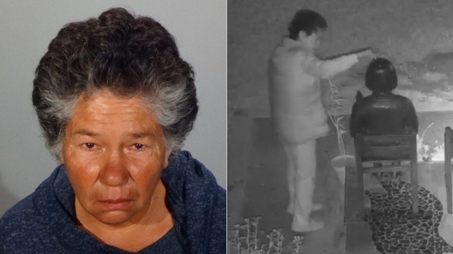 Jackie Rita Williams is shown in a booking photo released by the Glendale Police Department on Sept. 27, 2019. She was arrested in connection with the vandalism of the Glendale Korean Comfort Woman Monument (seen in surveillance video on the right) on Sept. 26, 2019.