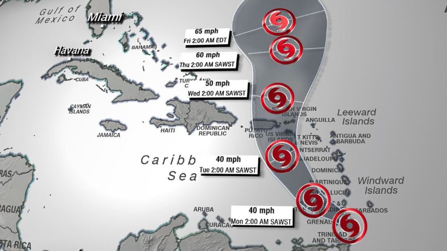 Tropical Storm Karen formed just east of the Windward Islands and has sustained winds of 40 mph. A tropical storm warning has been issued for Trinidad and Tobago, along with Grenada and its dependencies. (Credit: CNN)