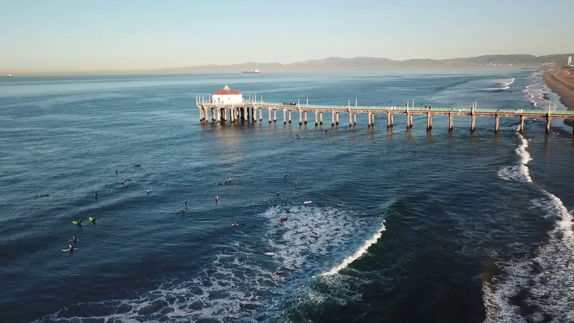 The Manhattan Beach Pier is seen in this Drone5 image from Feb. 8, 2018. (KTLA)