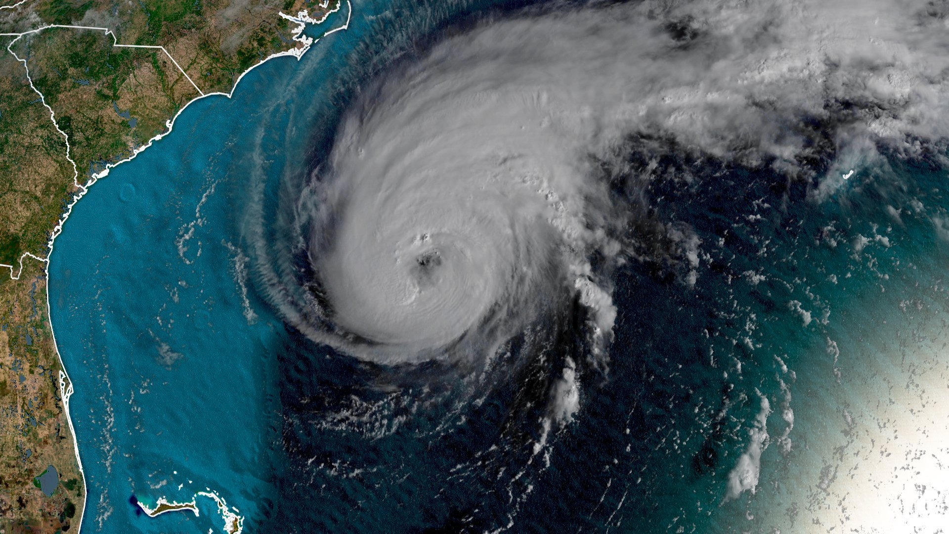 Hurricane Humberto is seen as a Category 2 storm with wind speeds of 100 mph before it was upgraded to a Category 3 on Sept. 17, 2019. (Credit: CNN)