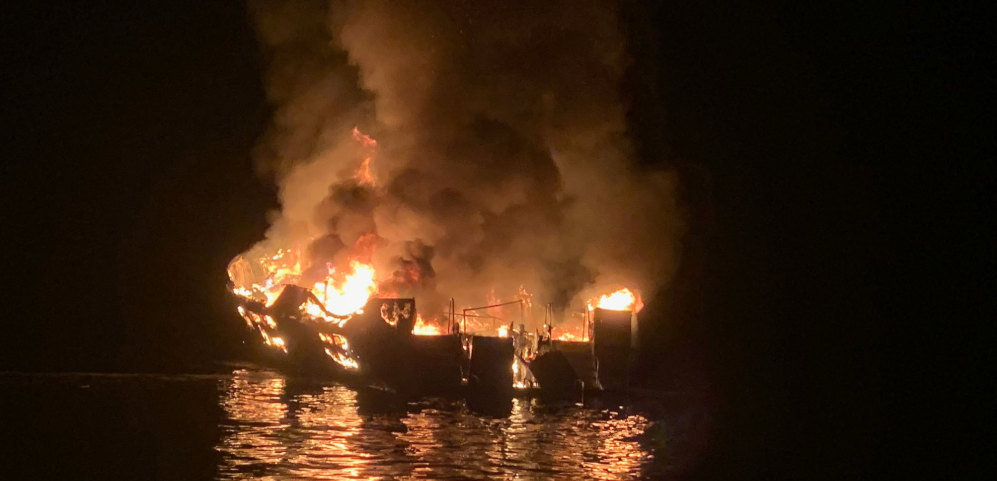 The Conception burns as crews work to rescue passengers on Sep. 2, 2019. (Santa Barbara County Fire/Twitter)