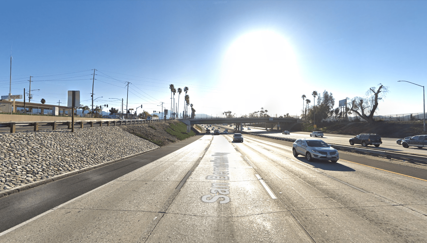 The westbound 10 Freeway in Colton at Mount Vernon Avenue is seen in a Google Maps Street View image.