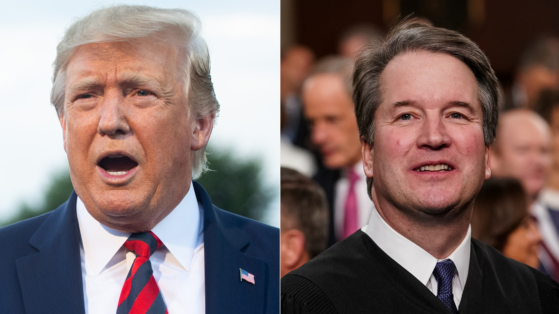 From left to right: U.S. President Donald Trump speaks reporters prior to departing on Marine One from the South Lawn of the White House in Washington, D.C., on Sept. 12, 2019. Supreme Court Justice Brett Kavanaugh attends the State of the Union address in the chamber of the U.S. House of Representatives at the U.S. Capitol Building on Feb. 5, 2019, in Washington, D.C. (Credit: Saul Loeb and Doug Mills-Pool/ Getty Images)