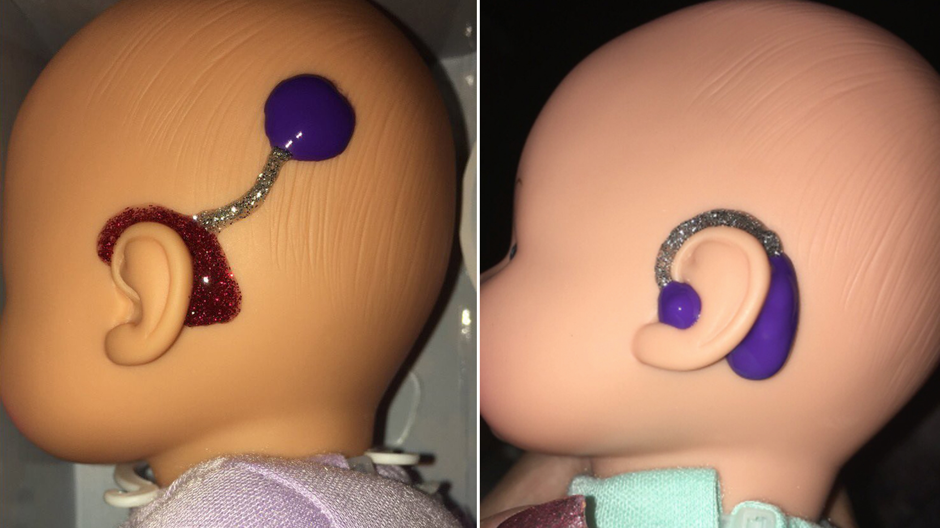 Glittery doll hearing aids created by a Watsonville teacher are seen in this undated photo. (Credit: Genesis Politron via CNN)