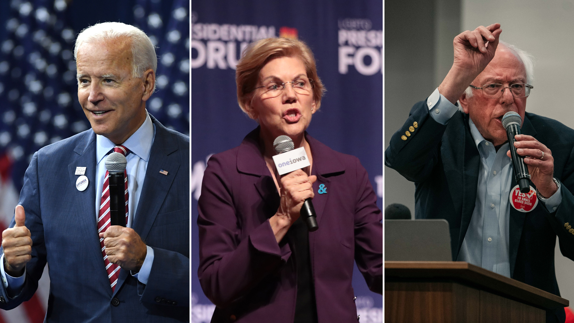 Joe Biden, Elizabeth Warren and Bernie Sanders are seen on the presidential campaign trail in 2019. (Credit: Getty Images)