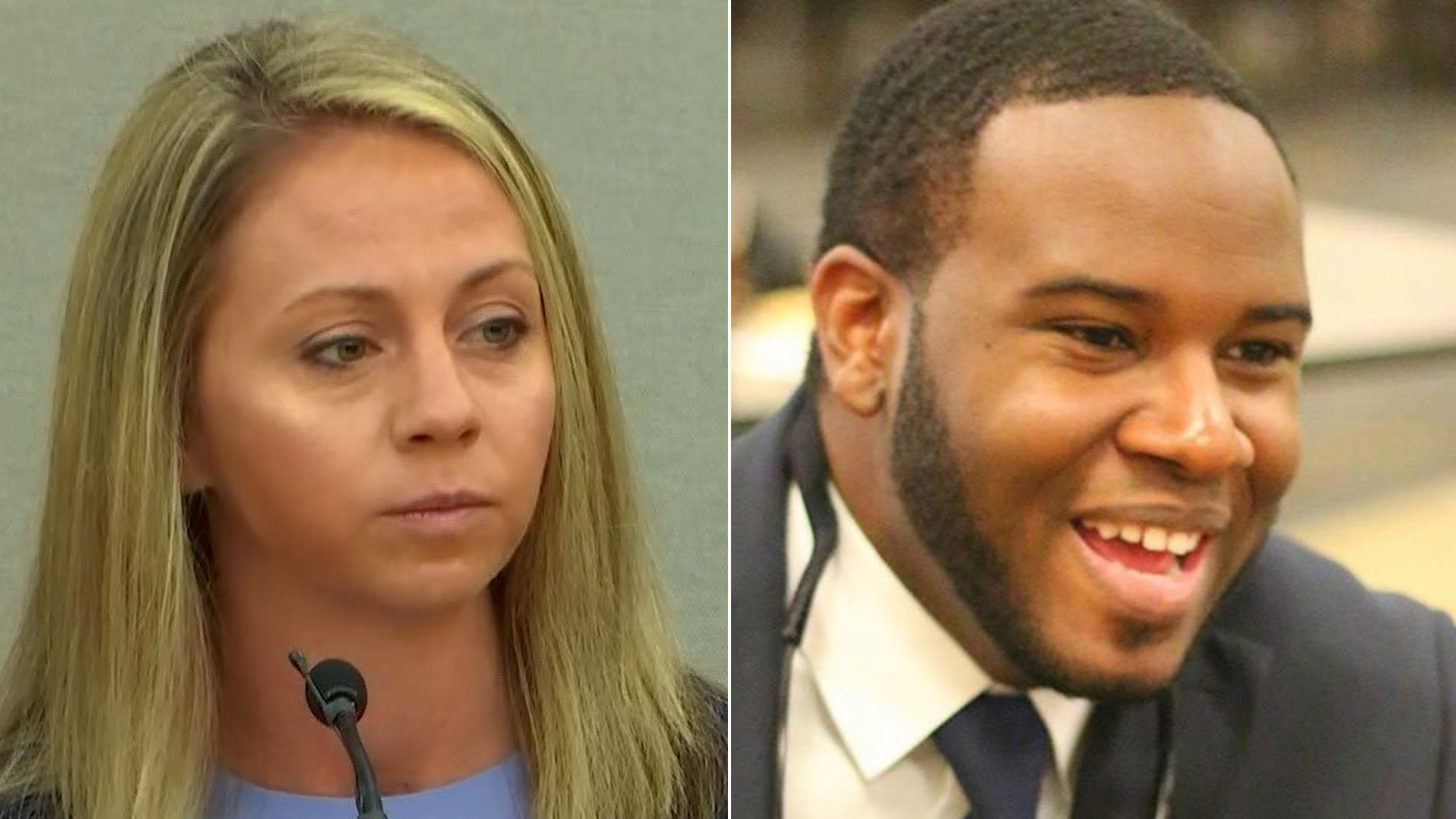 Left, Amber Guyger is seen in court on Sept. 30, 2019; right, Botham Jean is seen in a photo from his Facebook page that was distributed by CNN.