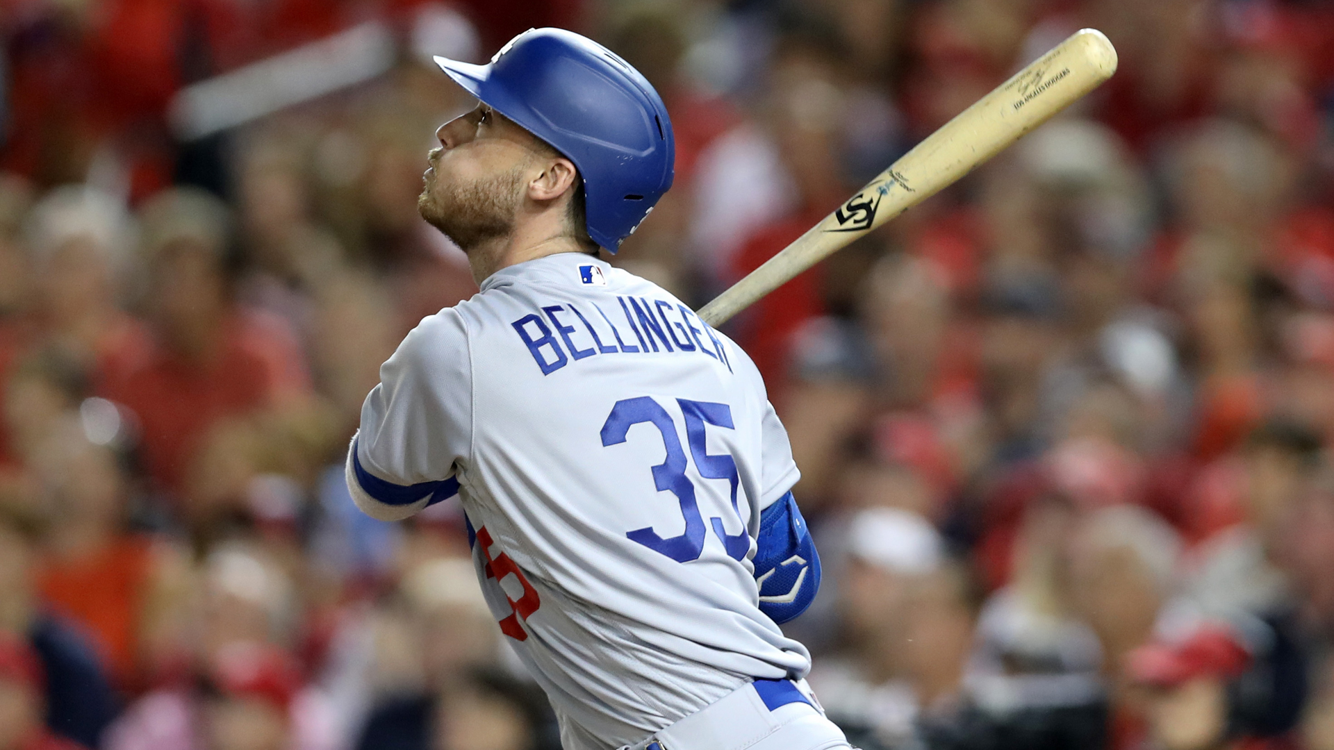 Cody Bellinger #35 of the Los Angeles Dodgers flies out for the third out of the third inning of Game 3 of the NLDS against the Washington Nationals at Nationals Park on October 06, 2019 in Washington, DC. (Credit: Rob Carr/Getty Images)