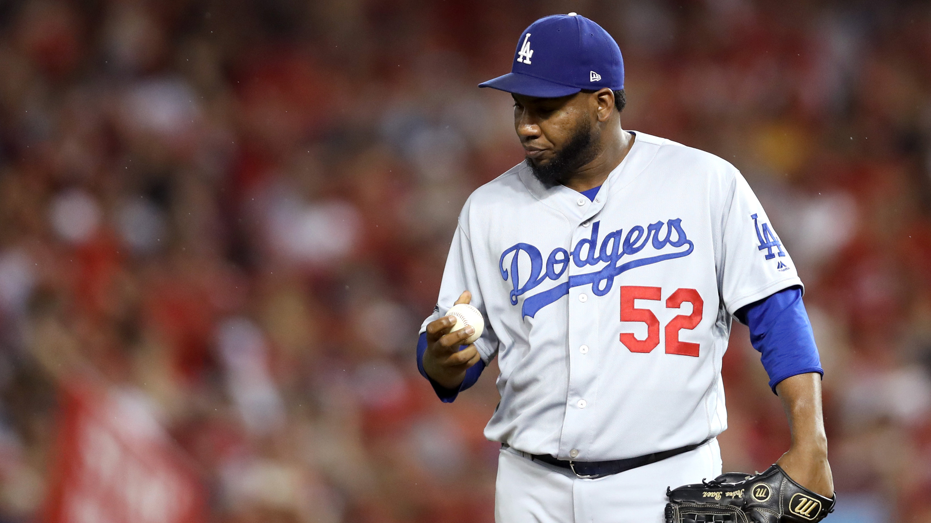 Pedro Baez of the Los Angeles Dodgers reacts after giving up a three-run home run to Ryan Zimmerman of the Washington Nationals in the fifth inning of Game 4 of the National League Division Series at Nationals Park in Washington, D.C., on Oct. 7, 2019. (Credit: Rob Carr / Getty Images)