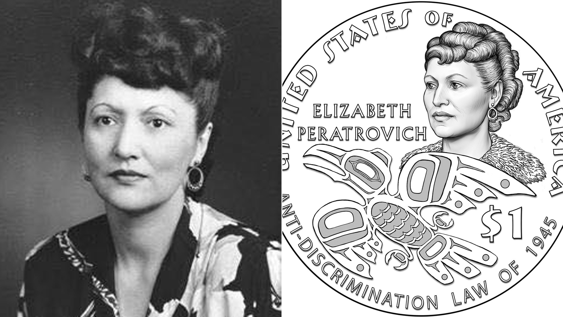 Elizabeth Peratrovich is seen in an undated photo from the Alaska State Archives. On the right, an illustration of a $1 coin in her honor was released by the U.S. Mint in October 2019.