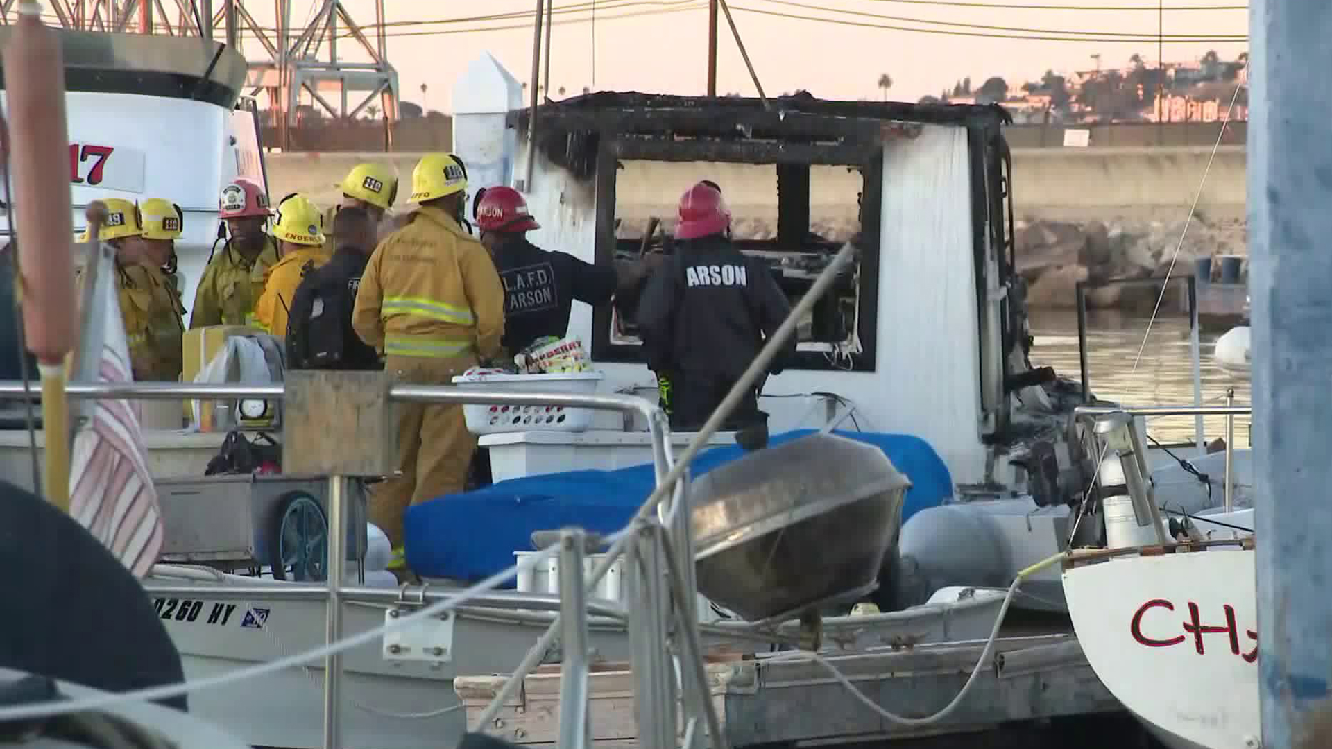 Firefighters respond to a boat fire at Terminal Island on Oct. 21, 2019. (Credit: KTLA)