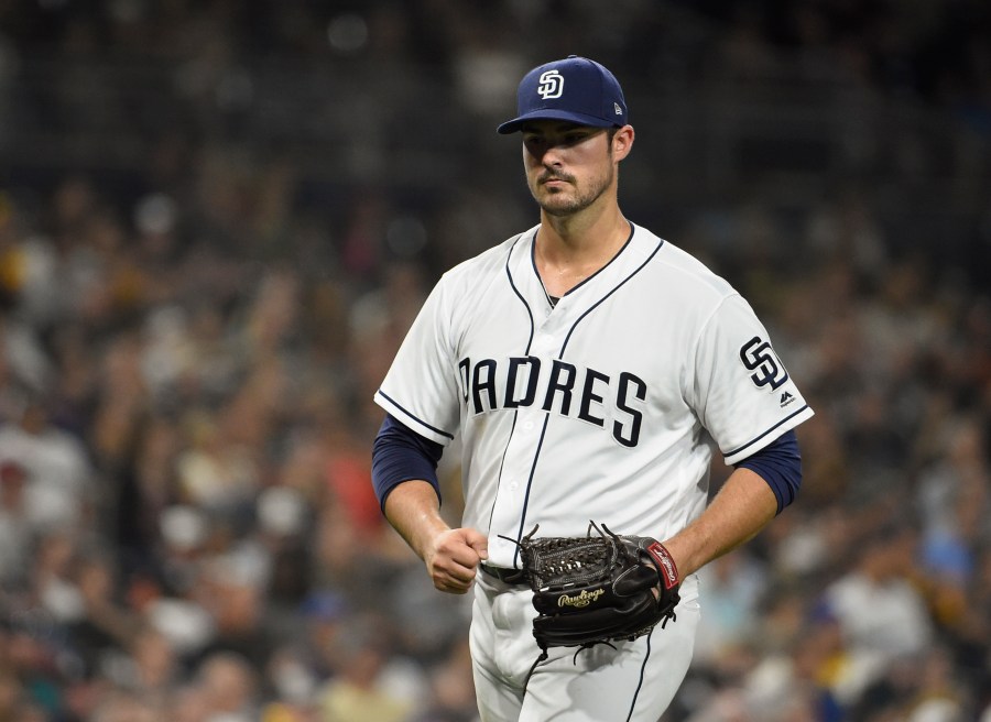 Jacob Nix of the San Diego Padres is seen during a game against the Seattle Mariners at Petco Park in San Diego on Aug. 28, 2018. (Credit: Denis Poroy / Getty Images)