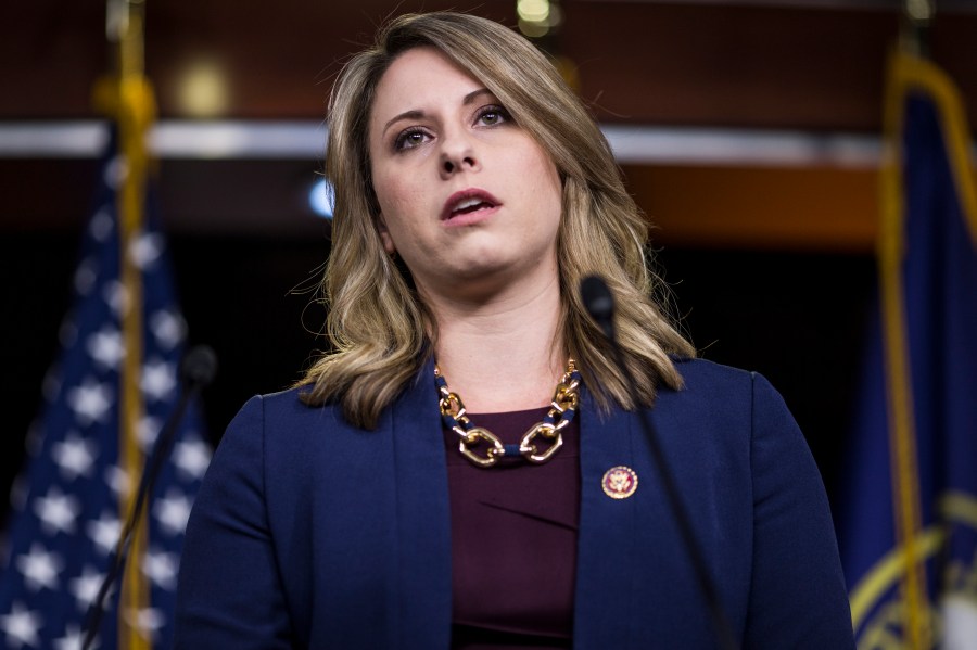 Rep. Katie Hill speaks during a news conference in Washington, D.C., on April 9, 2019. (Zach Gibson / Getty Images)