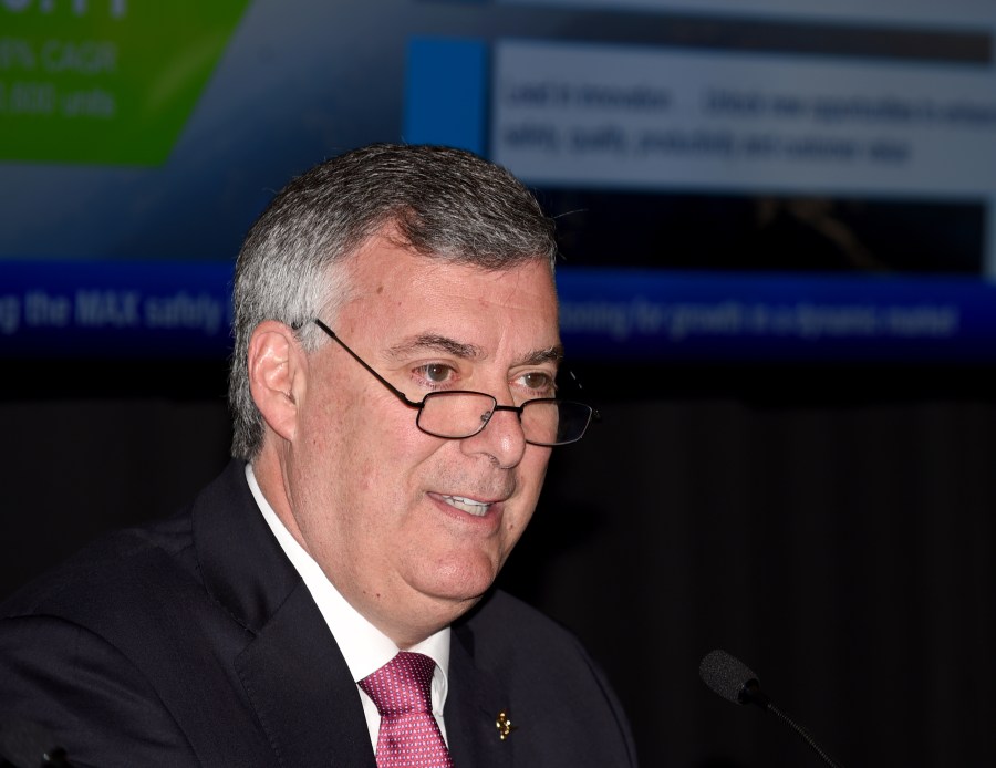 Boeing Commercial Airplanes division President and CEO Kevin McAllister addresses a "Boeing Business Update" press conference on the first day of the International Paris Air Show on June 17, 2019, at Le Bourget Airport, near Paris. (Credit: ERIC PIERMONT/AFP/Getty Images)