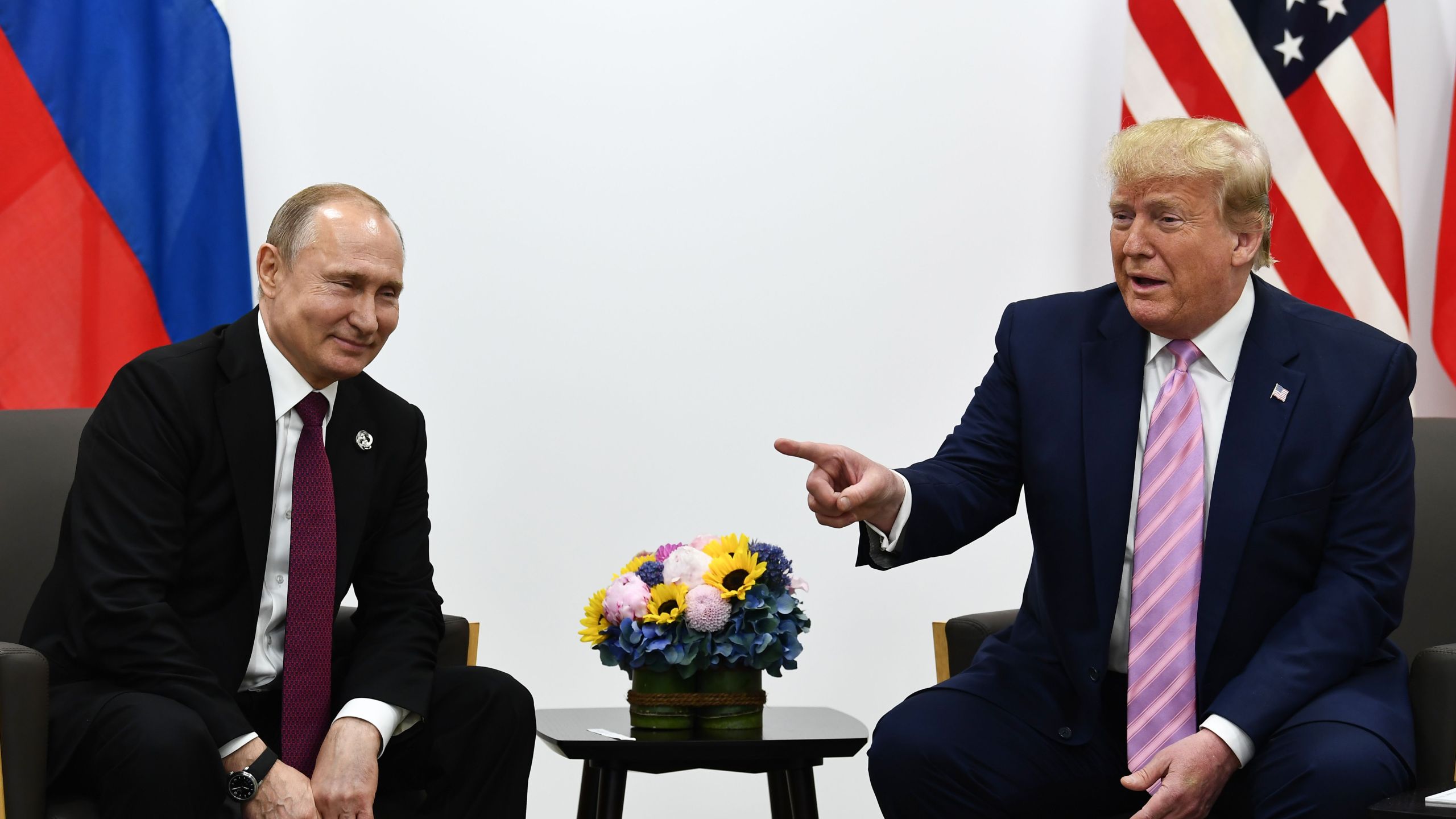 U.S. President Donald Trump attends a meeting with Russia's President Vladimir Putin during the G20 summit in Osaka on June 28, 2019. (Credit: BRENDAN SMIALOWSKI/AFP/Getty Images)