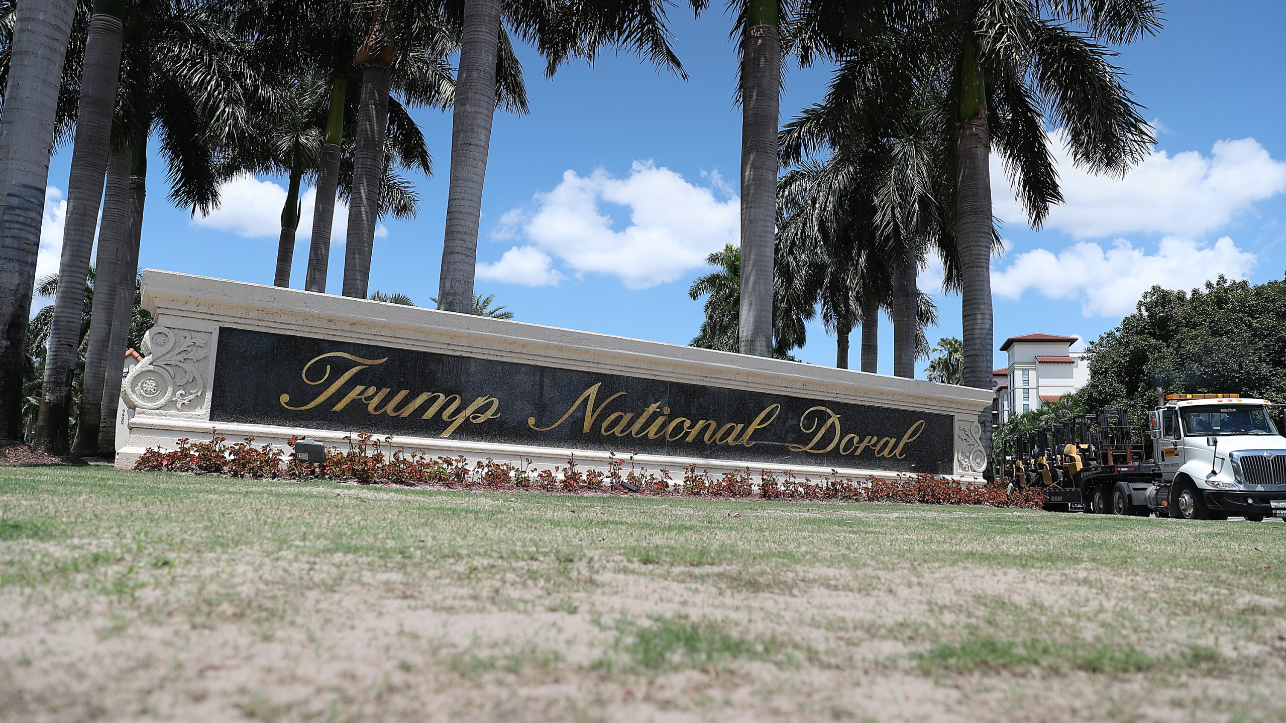 A Trump National Doral sign is seen at the golf resort owned by Donald Trump's company on Aug. 27, 2019 in Doral, Florida. (Credit: Joe Raedle/Getty Images)