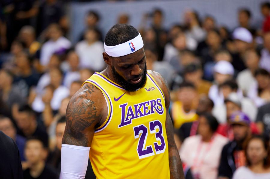 Lakers star LeBron James reacts during the NBA pre-season game between Los Angeles and Brooklyn Nets in Shenzhen, in China's southern Guangdong province on October 12, 2019. (Credit: STR/AFP via Getty Images)