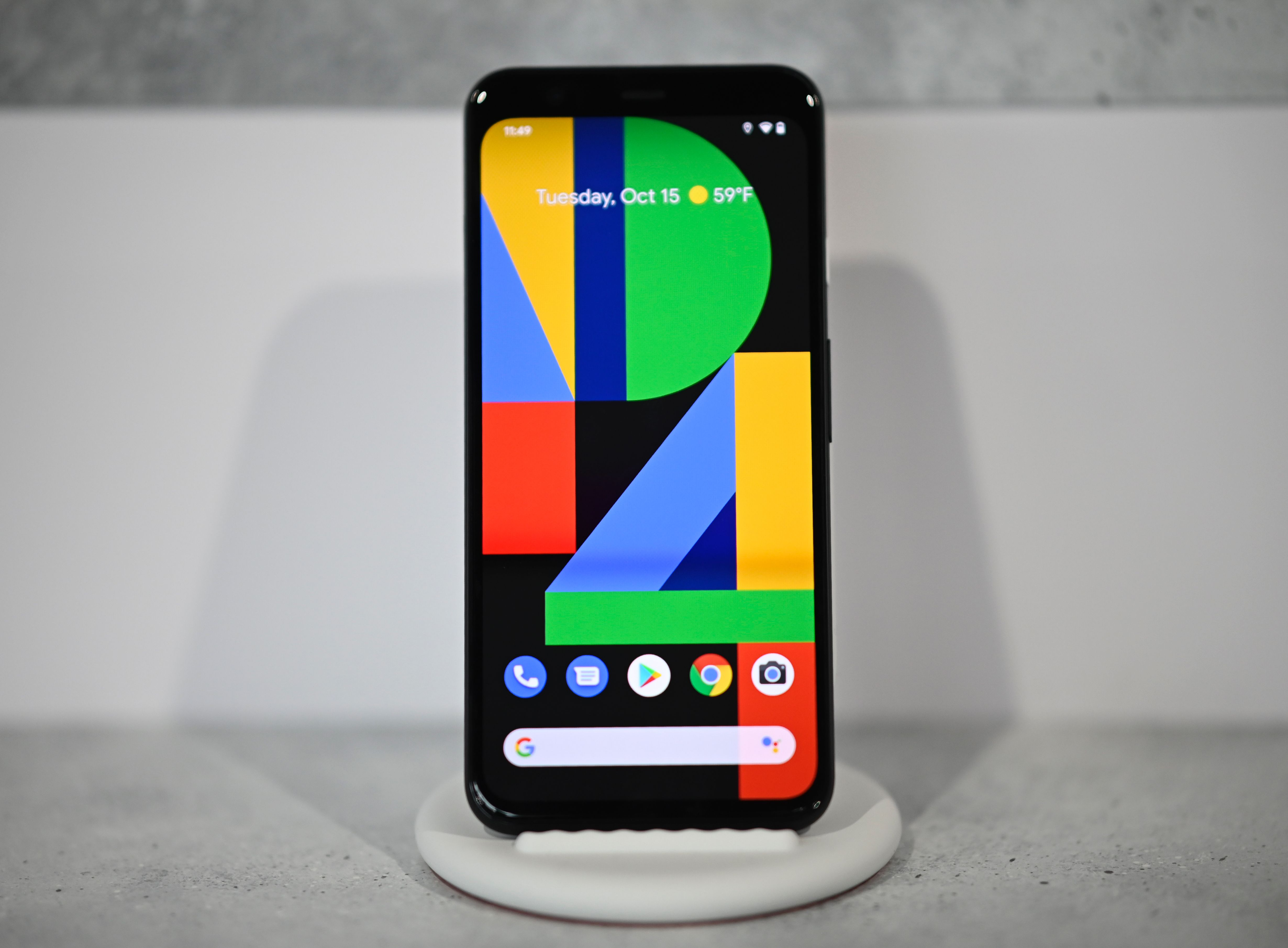 The new Google Pixel 4 phone is displayed during a product launch event in New York City on Oct. 15, 2019. (Credit: Johannes Eisele / AFP / Getty Images)