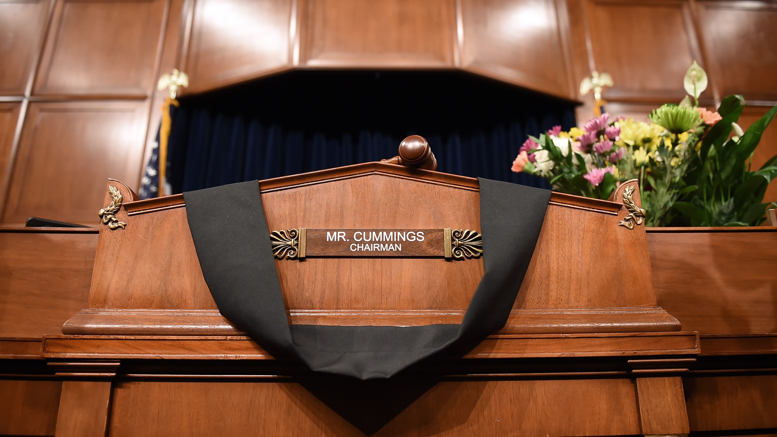 The Committee on Oversight and Reform room is adorned in black for Chairman Elijah Cummings, in Washington, D.C. on Oct. 17, 2019. (Credit: OLIVIER DOULIERY/AFP via Getty Images)