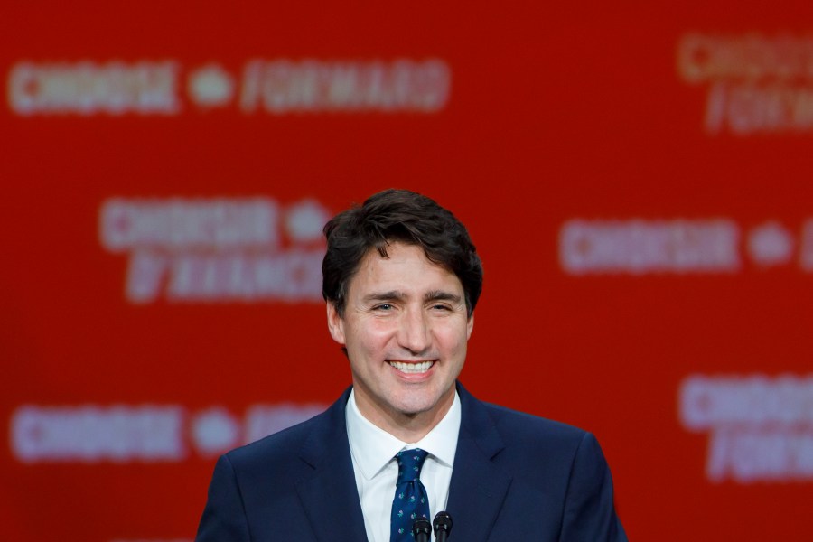 Prime Minister Justin Trudeau smiles as he delivers his victory speech at his election night headquarters on Oct. 21, 2019 in Montreal, Canada. (Credit: Cole Burston/Getty Images)