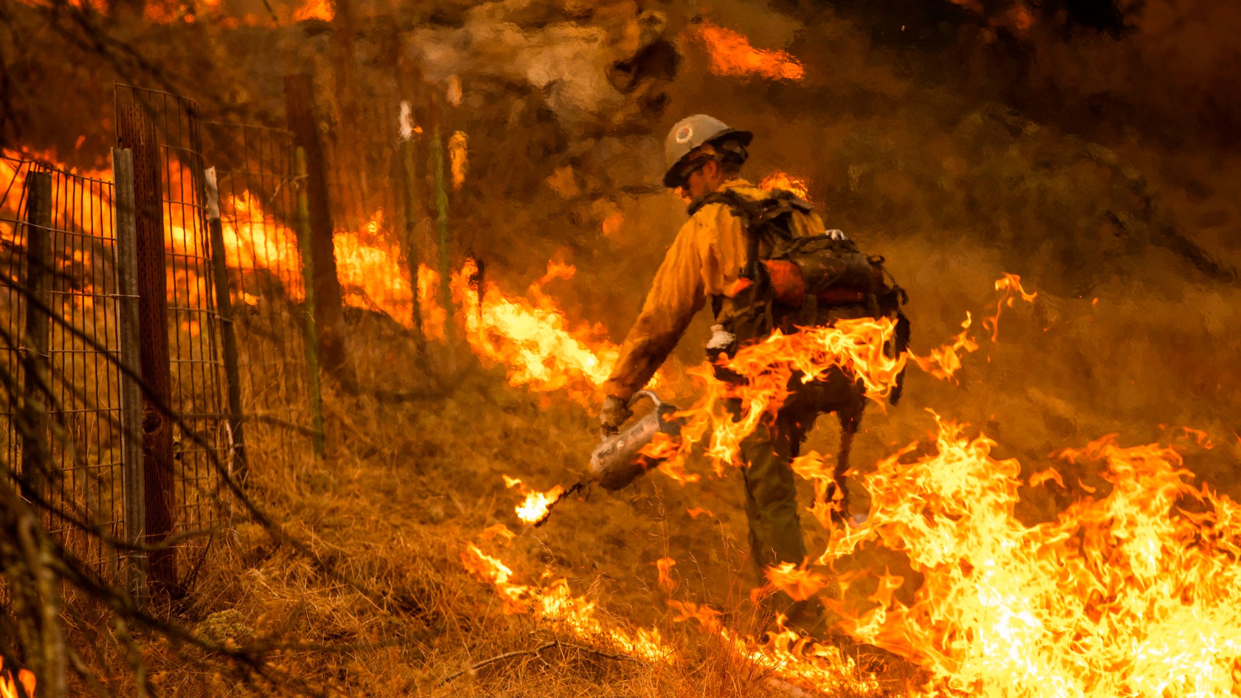 A firefighter sets a back fire along a hillside during firefighting operations to battle the Kincade Fire in Healdsburg, Calif. on Oct. 26, 2019. (Credit: PHILIP PACHECO/AFP via Getty Images)