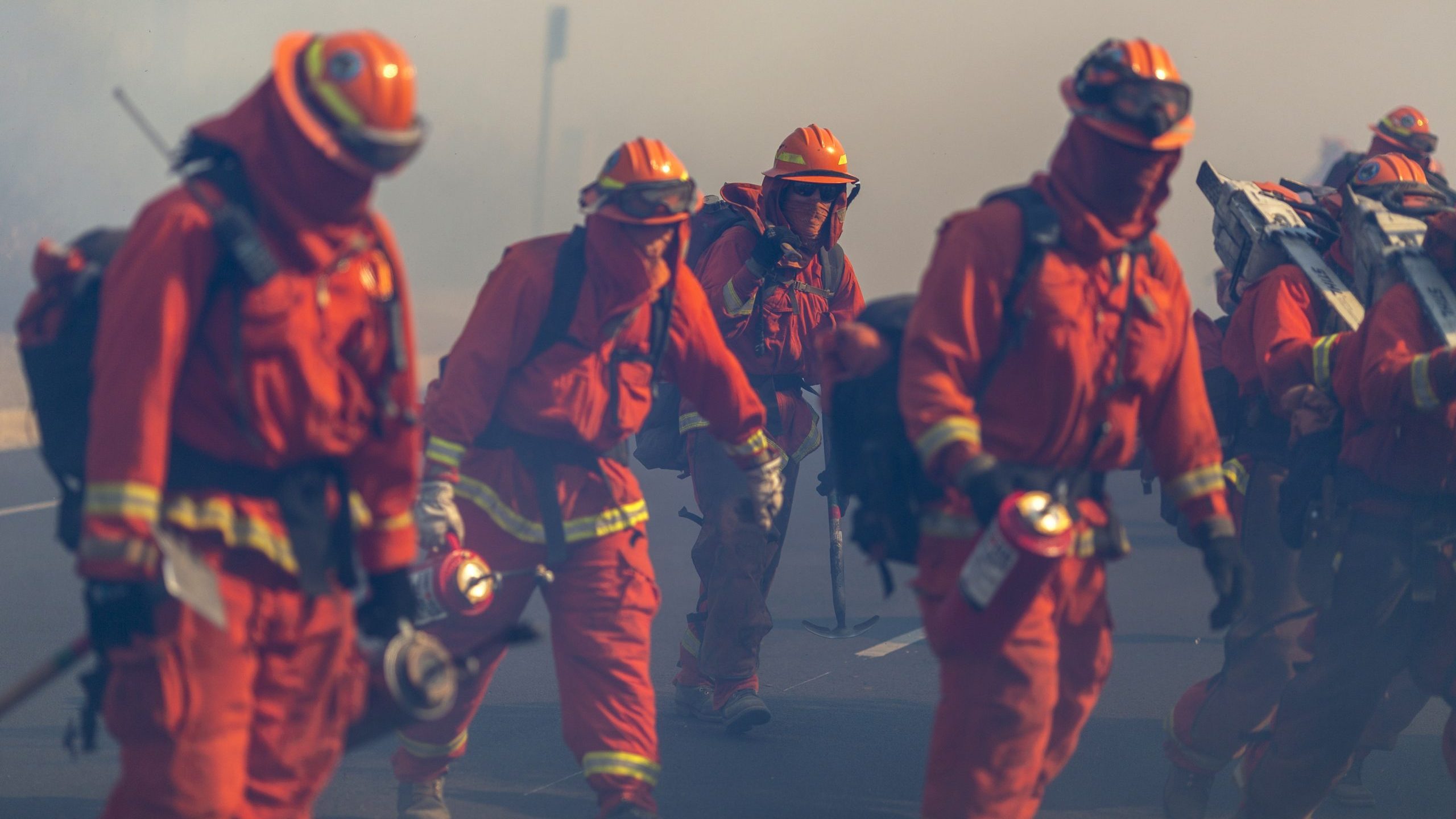 Inmate firefighters from Oak Glen Conservation Camp near Yucaipa, California fight the Easy Fire on Oct. 30, 2019, near Simi Valley. (David McNew/Getty Images)