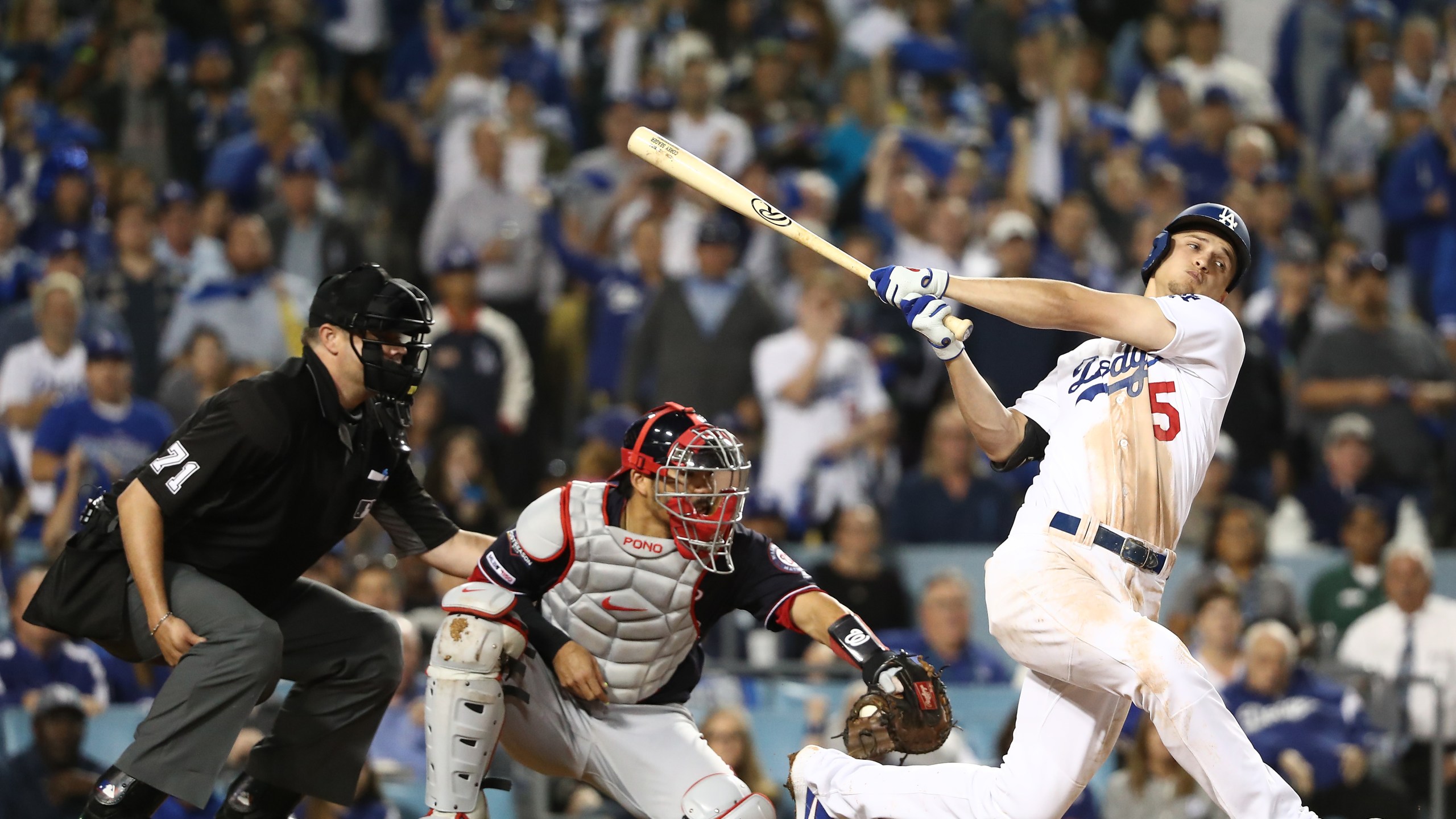 Corey Seager of the Los Angeles Dodgers strikes out to end the fifth inning in Game 2 of the National League Division Series against the Washington Nationals at Dodger Stadium on Oct. 4, 2019. (Credit: Sean M. Haffey / Getty Images)