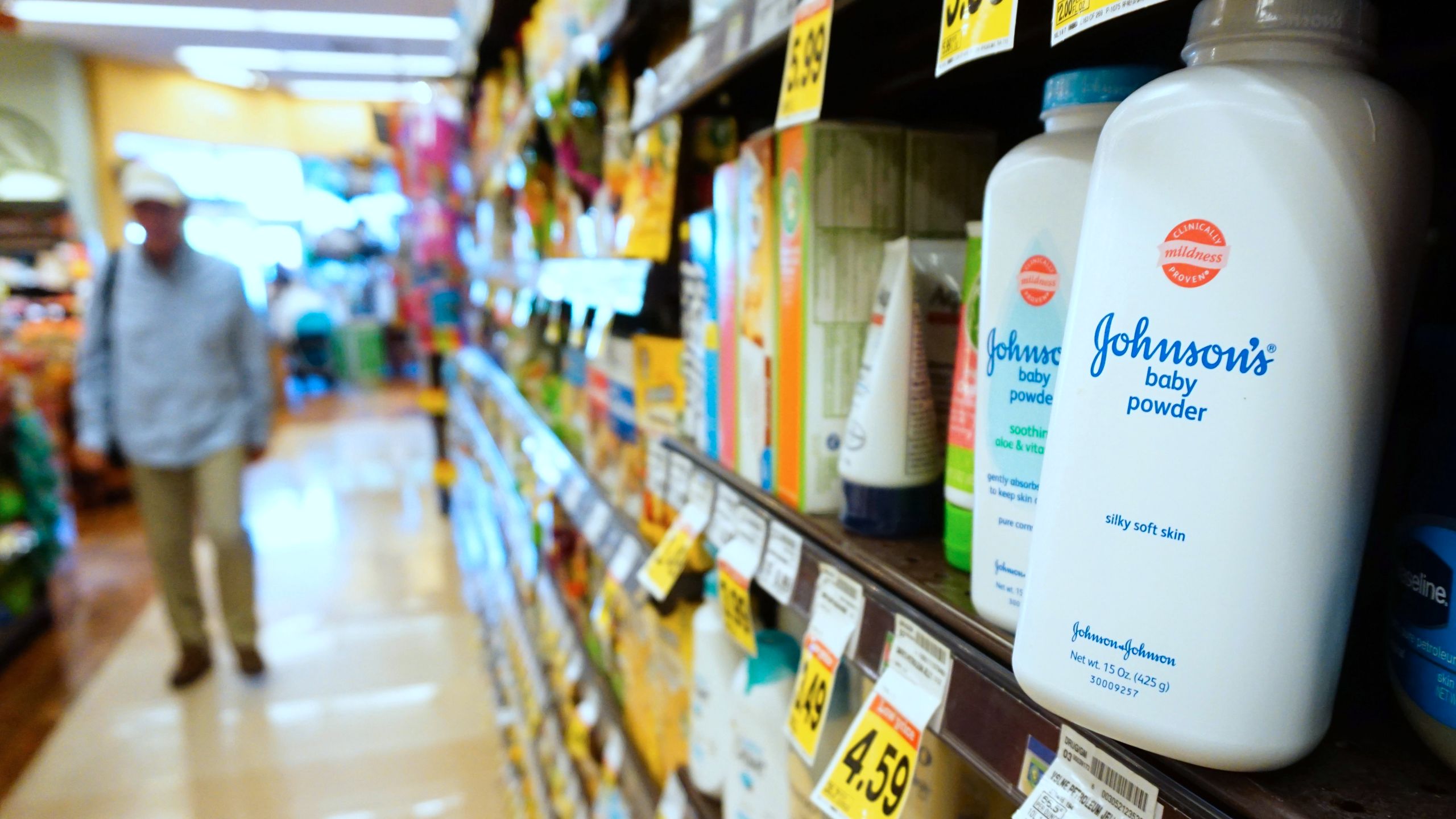 Containers of Johnson's baby powder made by Johnson & Johnson are displayed on a shelf in San Francisco on July 13, 2018. (Justin Sullivan / Getty Images)