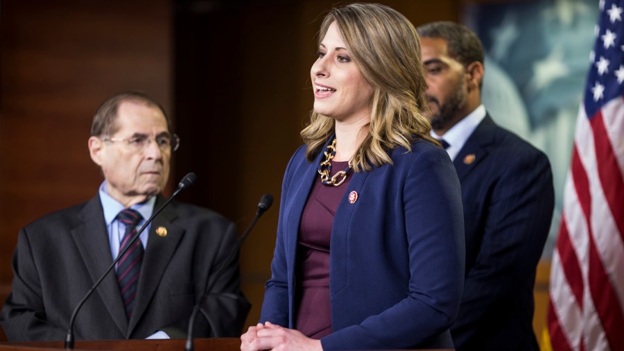 Rep. Katie Hill (D-CA) speaks during a news conference on April 9, 2019 in Washington, D.C. (Credit: Zach Gibson/Getty Images)