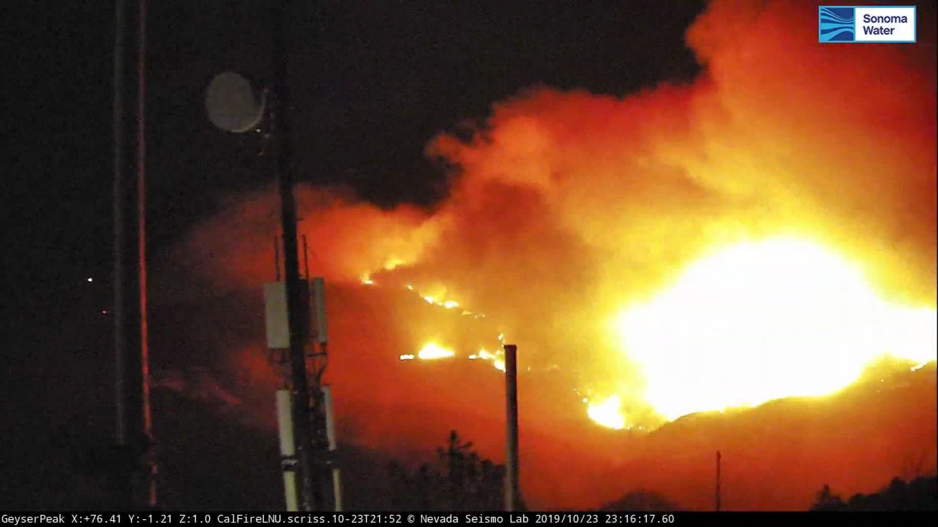 The Nevada Seismology Lab's ALERTWildfire camera shows the Kincade Fire starting, and spreading through the area.