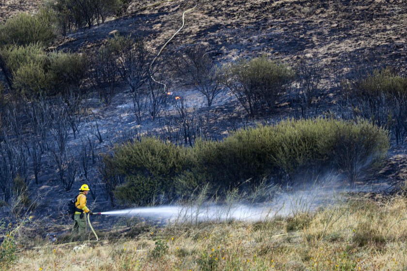 A Cal Fire firefighter mops up a hot spot on a hillside along Highway 18 in San Bernardino on Oct. 24, 2019. (Credit: Irfan Khan / Los Angeles Times)