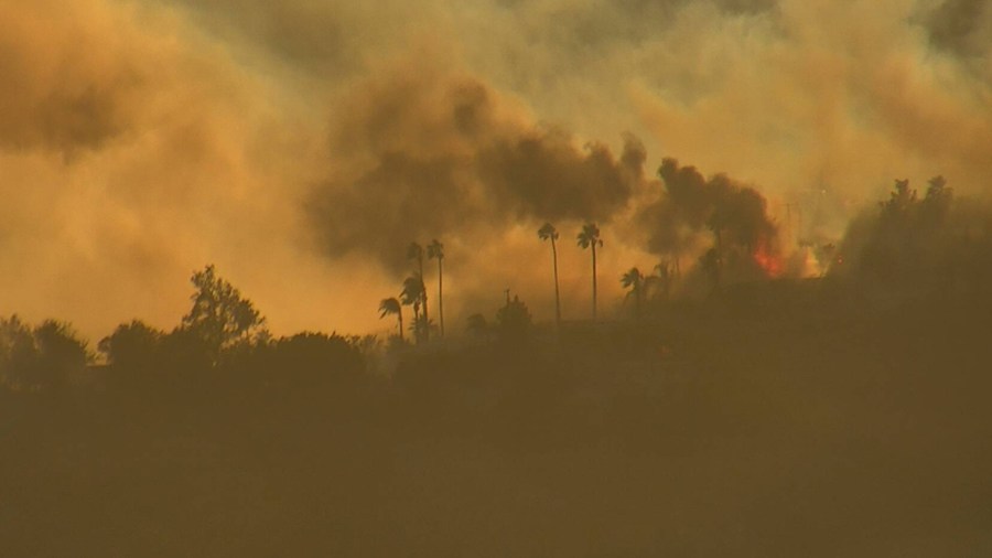 The Little Mountain Fire moves toward homes in San Bernardino on Oct. 21, 2019, in an image provided by an ALERTWildfire camera.