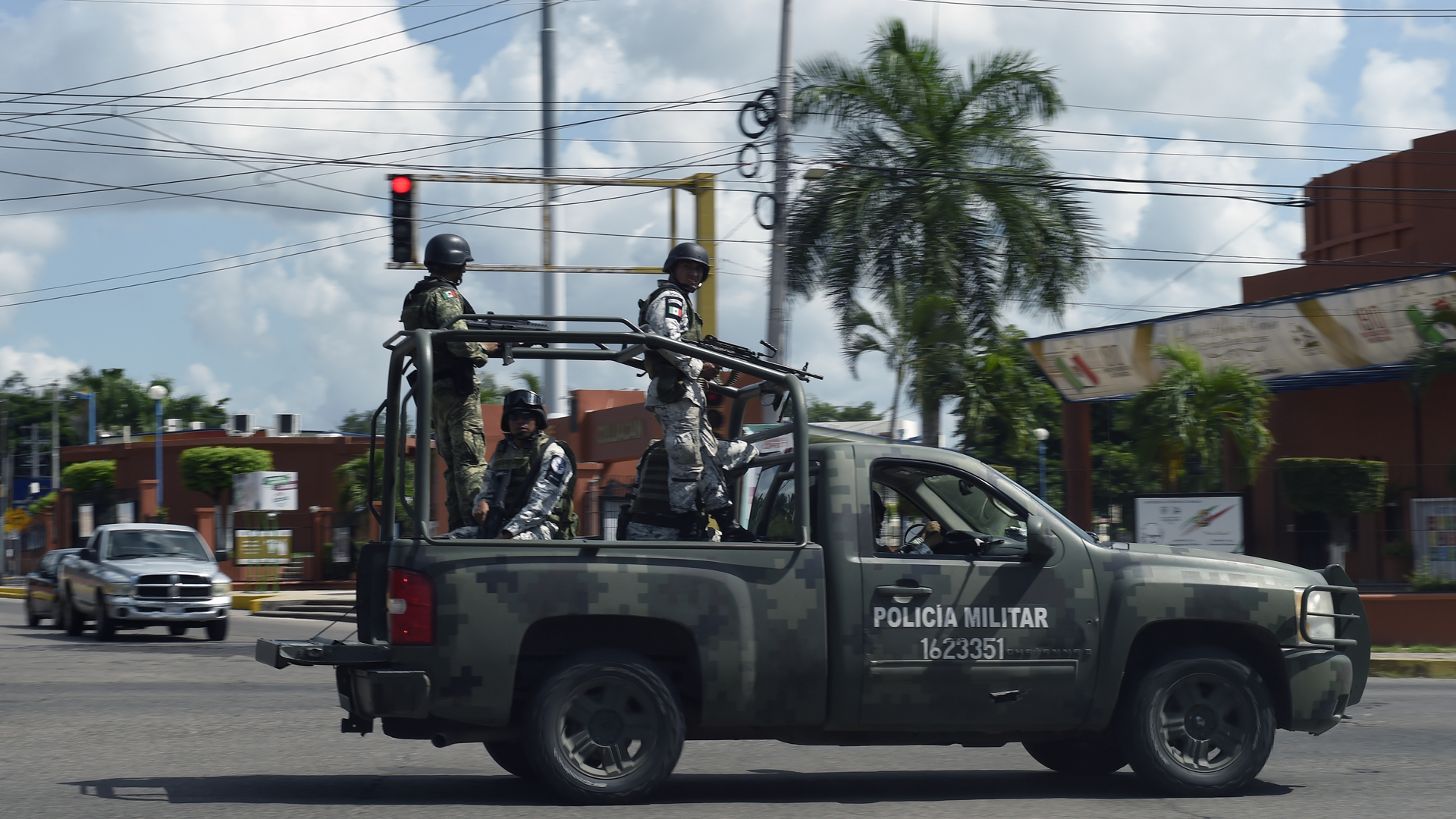 Members of the National Guard patrol a street in Culiacan, Sinaloa state, Mexico, on October 18, 2019. (Credit: Alfredo Estrella/AFP via Getty Images)