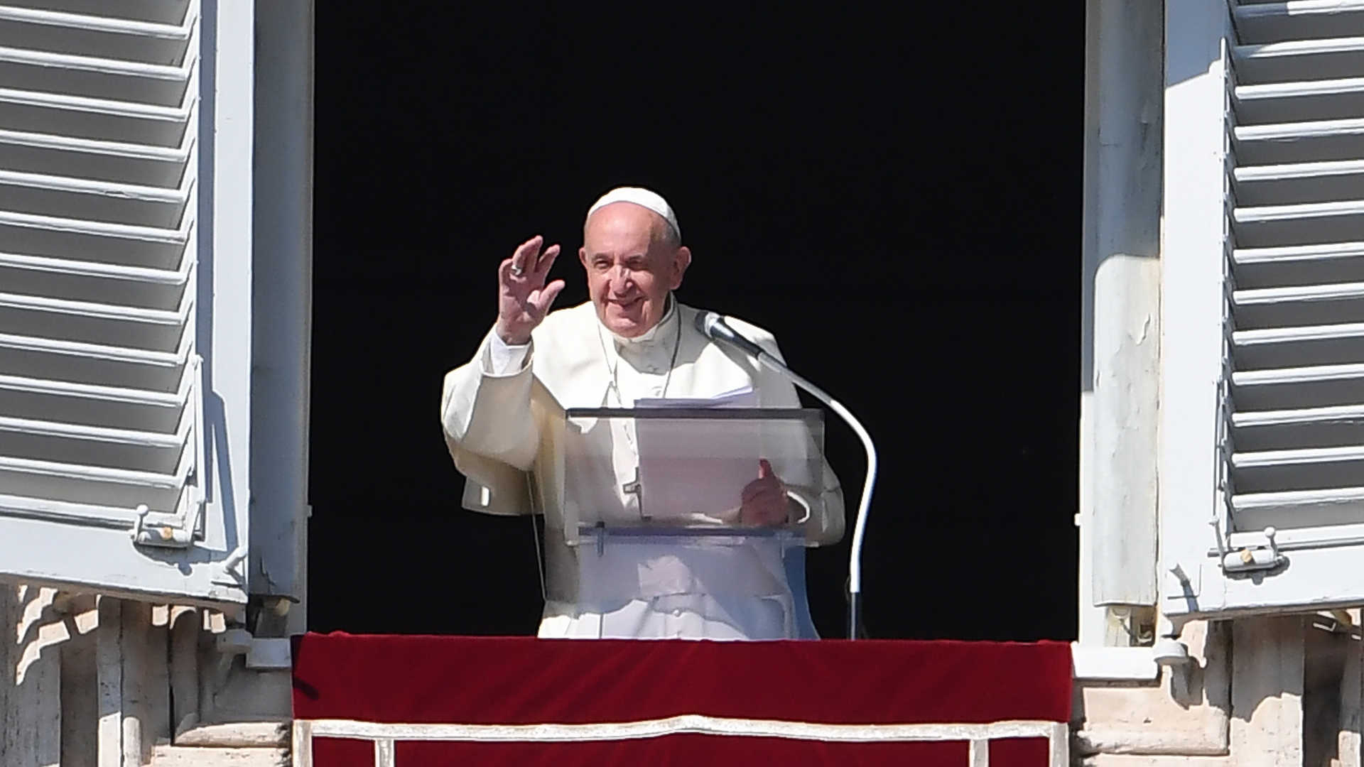 Pope Francis addresses the Sunday Angelus prayer from the window of the apostolic palace overlooking Saint Peter's Square in The Vatican on October 27, 2019. (Credit: Andreas Solaro/AFP/Getty Images)