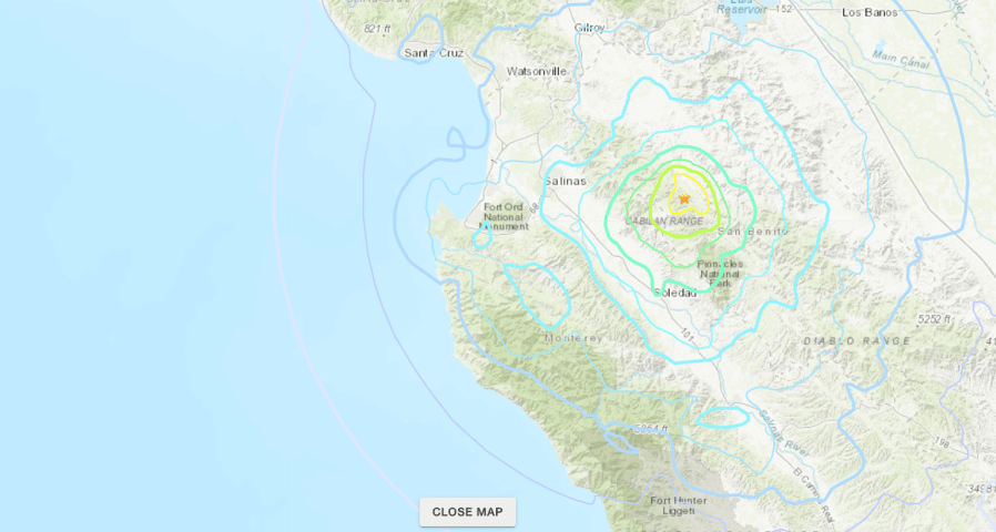 An image from the U.S. Geological Survey shows the epicenter of a preliminary 4.8 magnitude earthquake near Hollister, Calif. on Oct. 15, 2019.