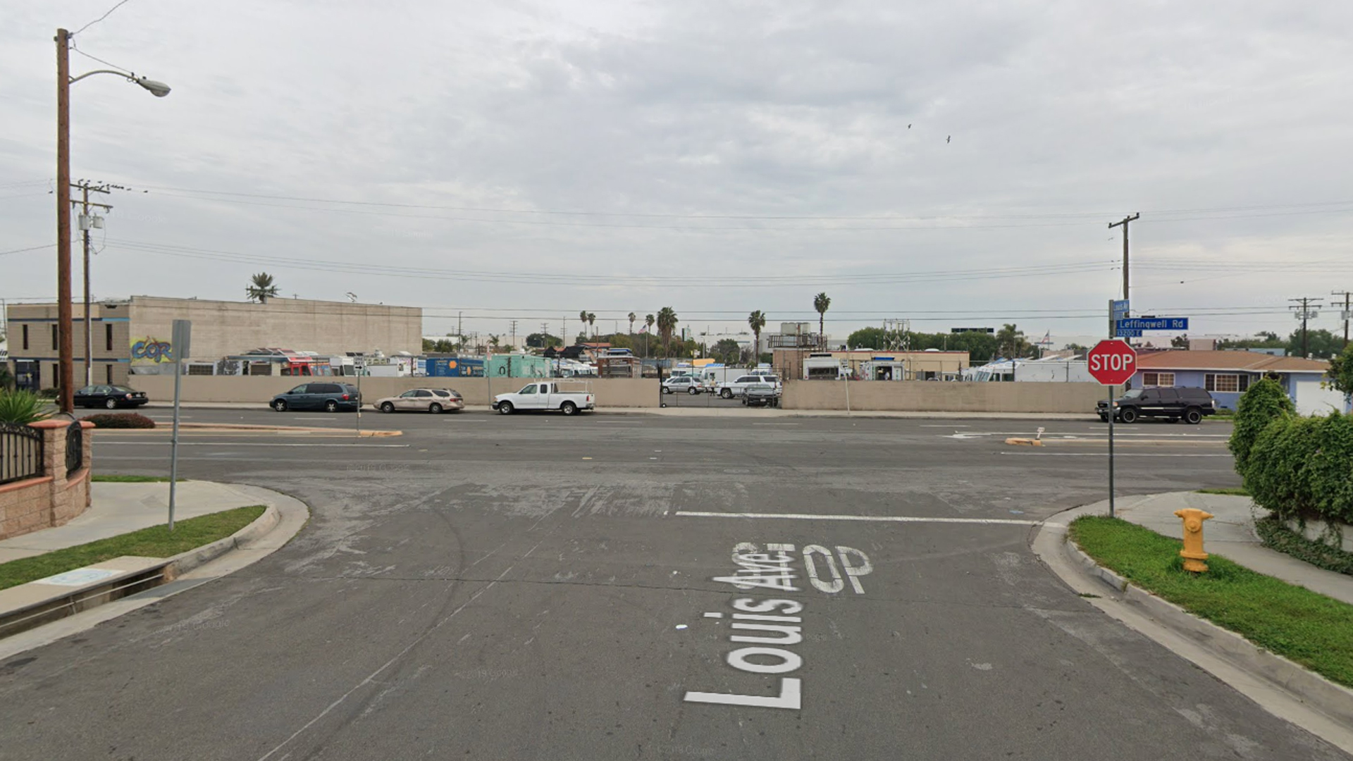 The intersection of Leffingwell Road and Louis Avenue, as viewed in a Google Street View image.