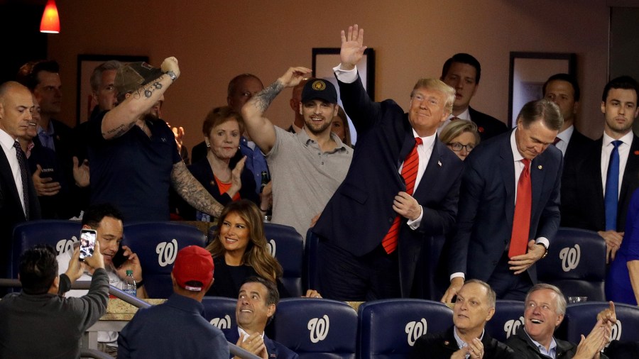 President Donald Trump attends Game Five of the 2019 World Series between the Houston Astros and the Washington Nationals at Nationals Park on October 27, 2019 in Washington, DC. (Credit: Will Newton/Getty Images)