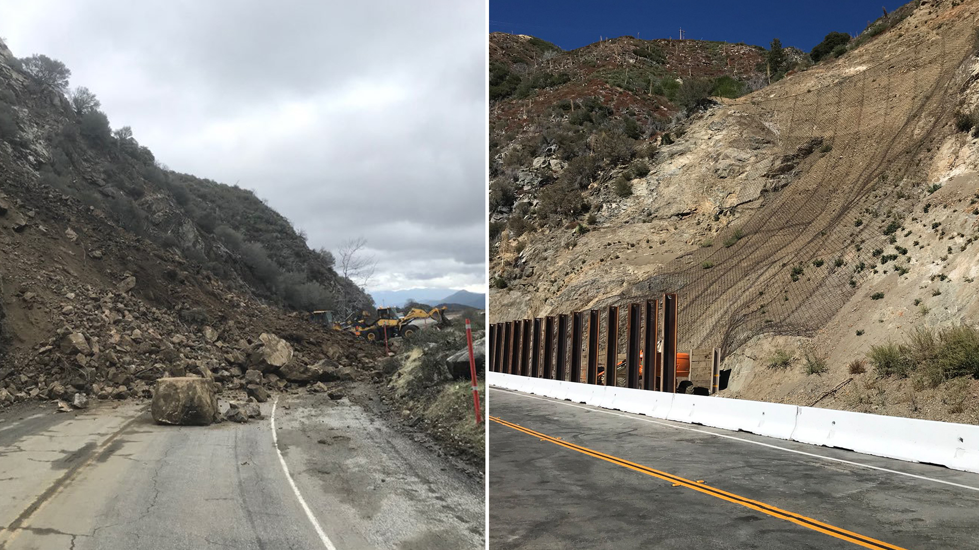 A section of the Angeles Crest Highway is seen during repairs of a Feb. 15, 2018, rock slide and after reopening on Oct. 22, 2019. (Credit: Caltrans)