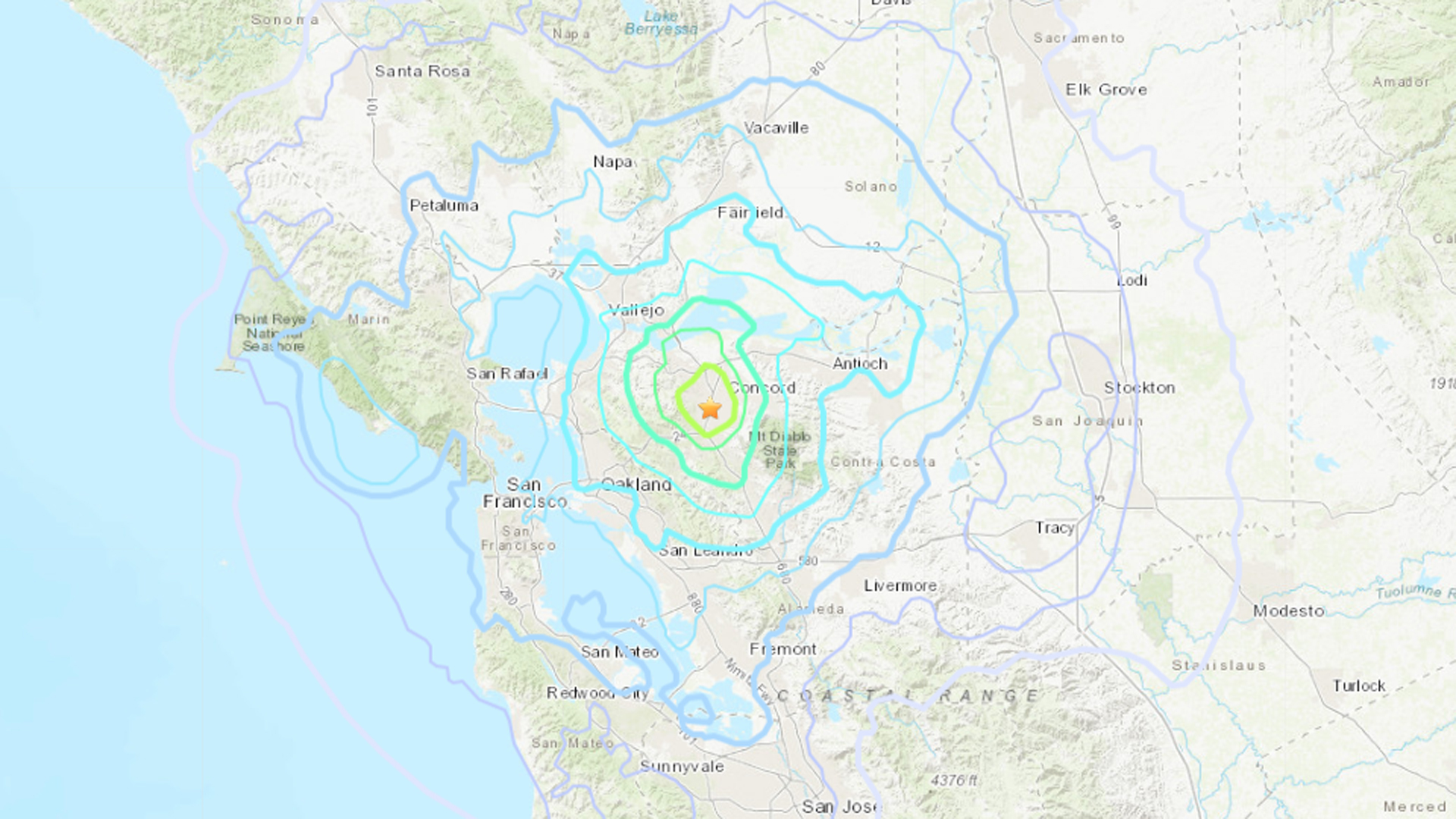 This U.S. Geological Survey map shows the shaking felt after a 4.5 magnitude quake struck the Bay Area on Oct. 14, 2019.