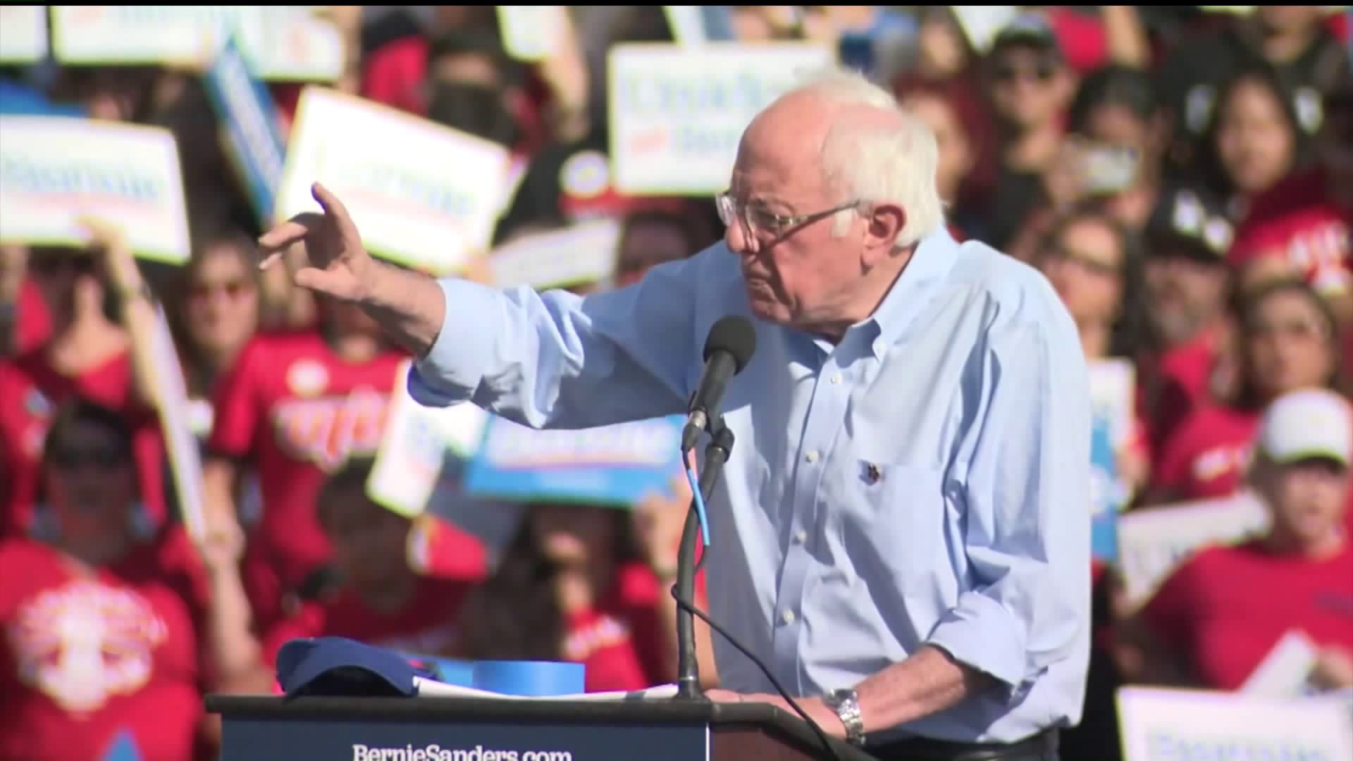 Senator Bernie Sanders speaks at a rally in El Sereno on Nov. 16, 2019. (Credit: KTLA)