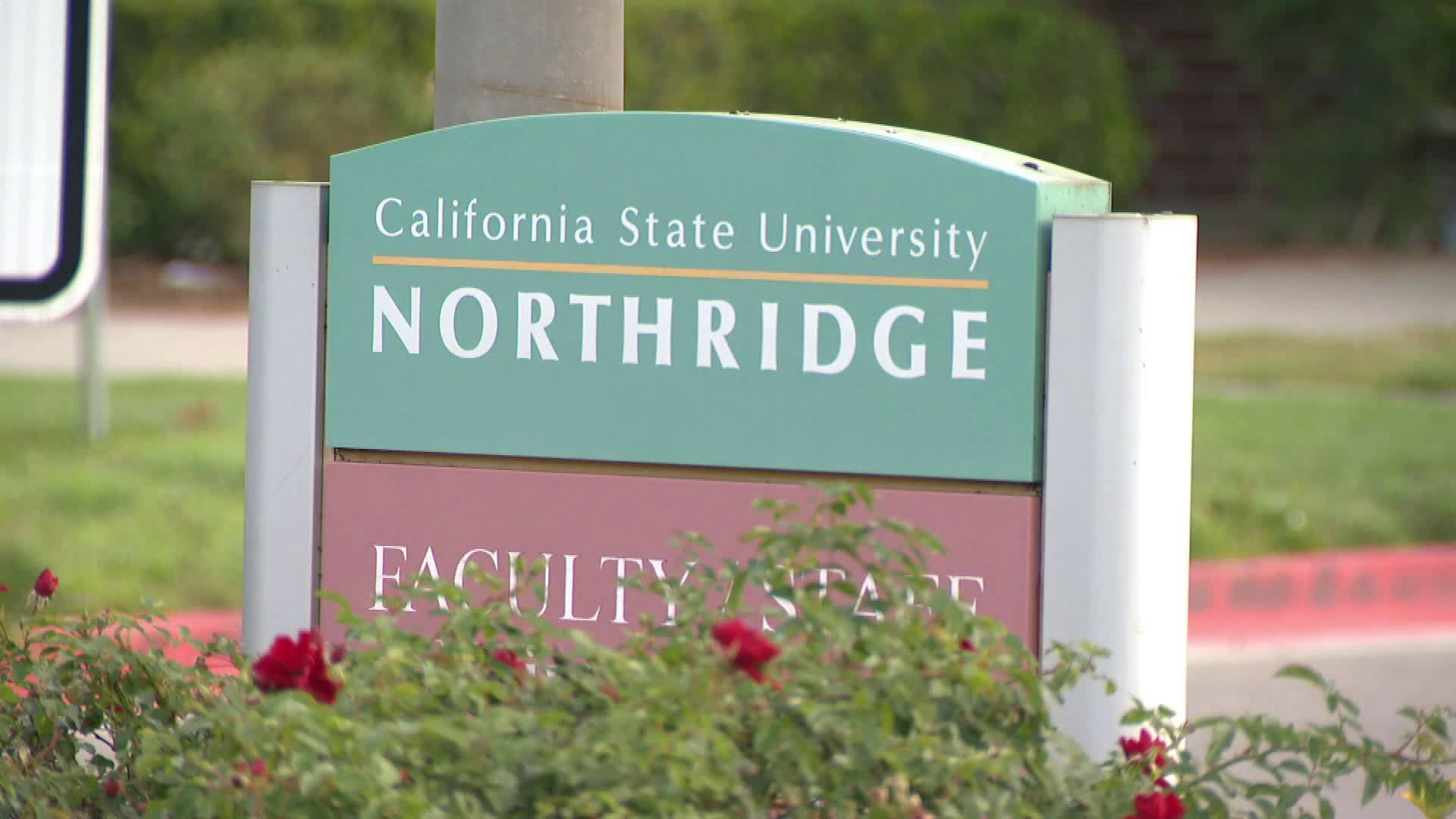 A Cal State Northridge sign on campus is seen on Nov. 11, 2019. (Credit: KTLA)