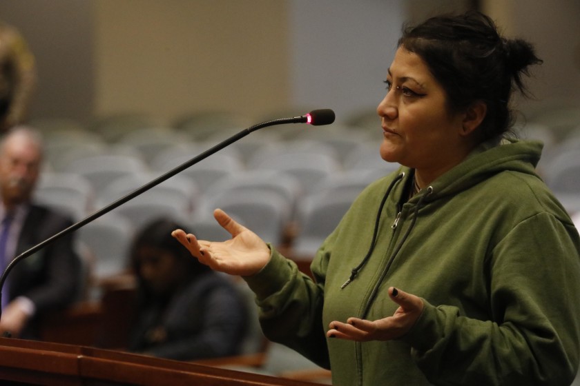 Valerie Vargas, who lost her nephew Anthony Vargas in a shooting involving Los Angeles County sheriff’s deputies, speaks to members of the Civilian Oversight Commission on Nov. 19, 2019. (Credit: Genaro Molina / Los Angeles Times)