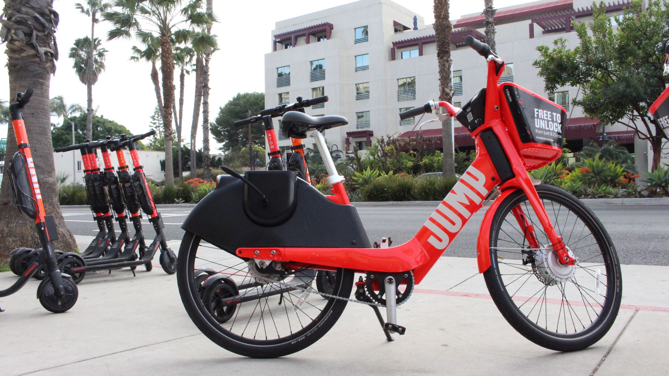 A Jump electric bicycle and scooters are seen near a road in Santa Monica Feb. 26, 2019. (GLENN CHAPMAN/AFP via Getty Images)