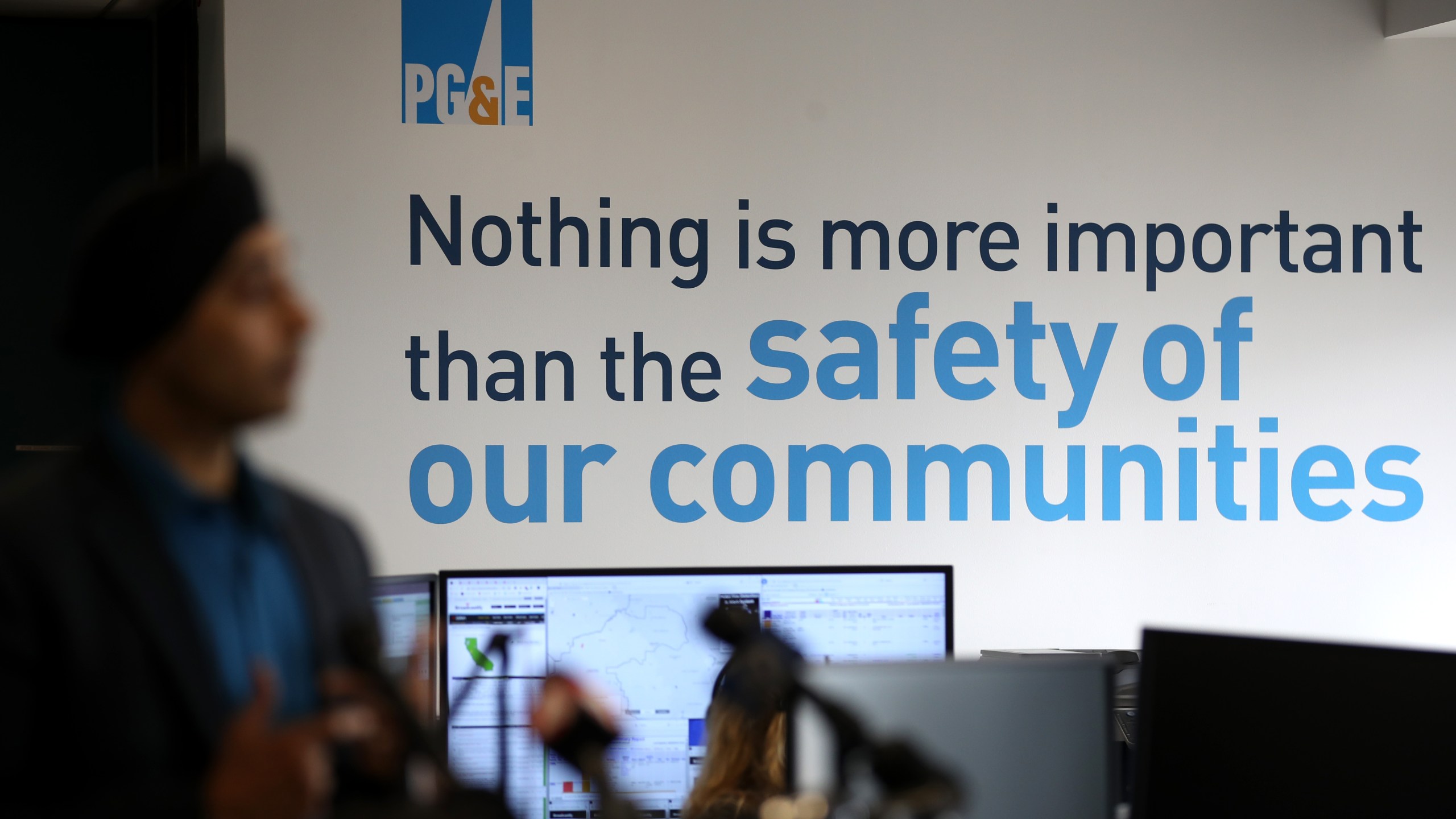 A message is displayed on a wall inside the Pacific Gas and Electric Wildfire Safety Operations Center on Aug. 5, 2019 in San Francisco. (Justin Sullivan/Getty Images)