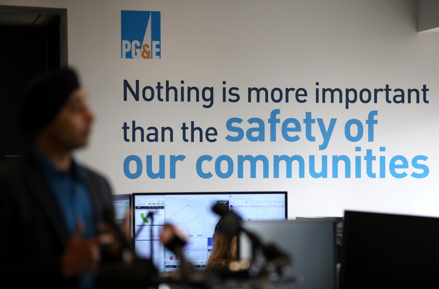 A message is displayed on a wall inside the Pacific Gas and Electric Wildfire Safety Operations Center on Aug. 5, 2019 in San Francisco. (Justin Sullivan/Getty Images)