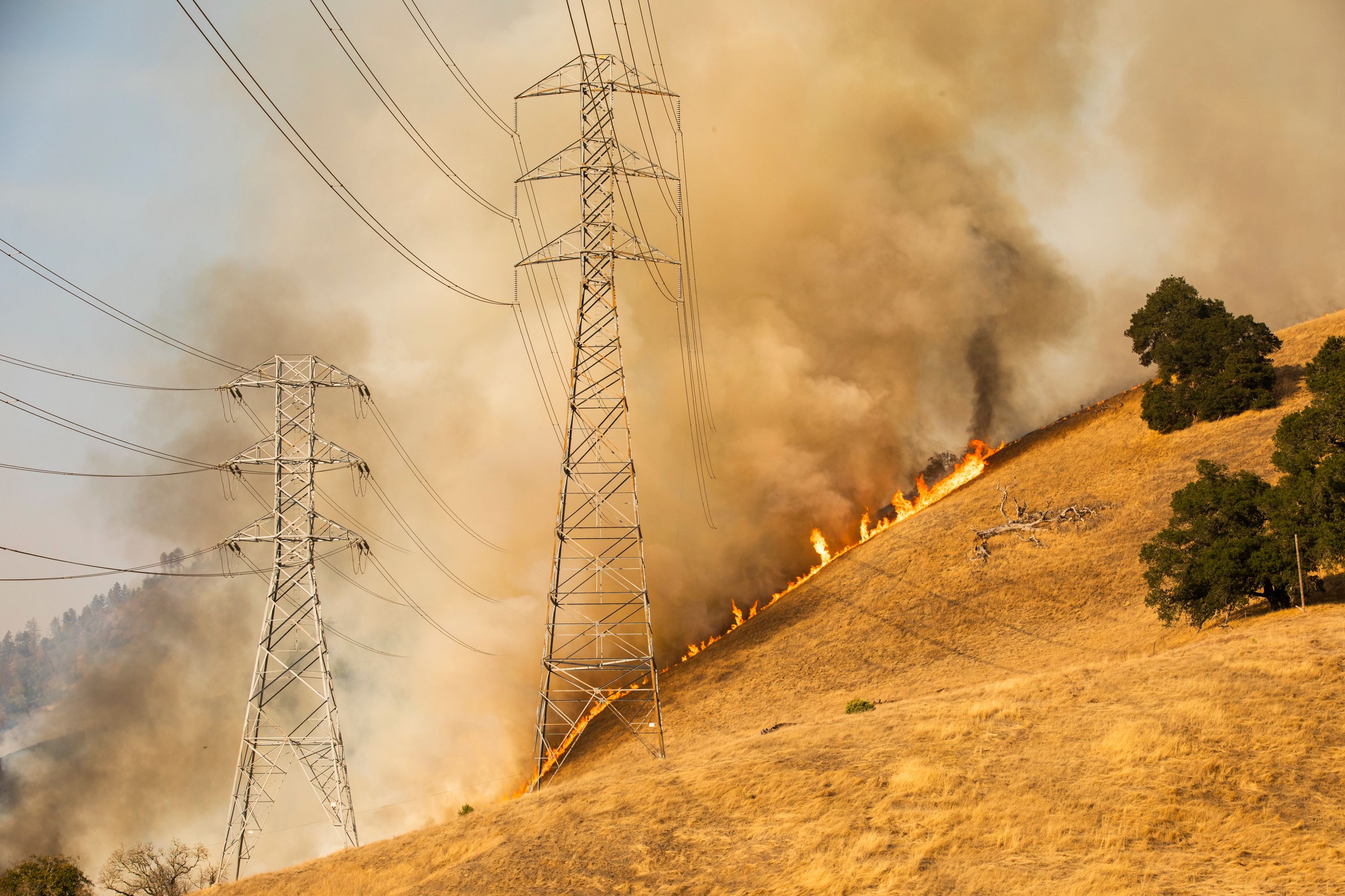 A back fire set by fire fighters burns a hillside behind PG&E power lines during firefighting operations to battle the Kincade Fire in Healdsburg, California, on Oct. 26, 2019. (PHILIP PACHECO/AFP via Getty Images)