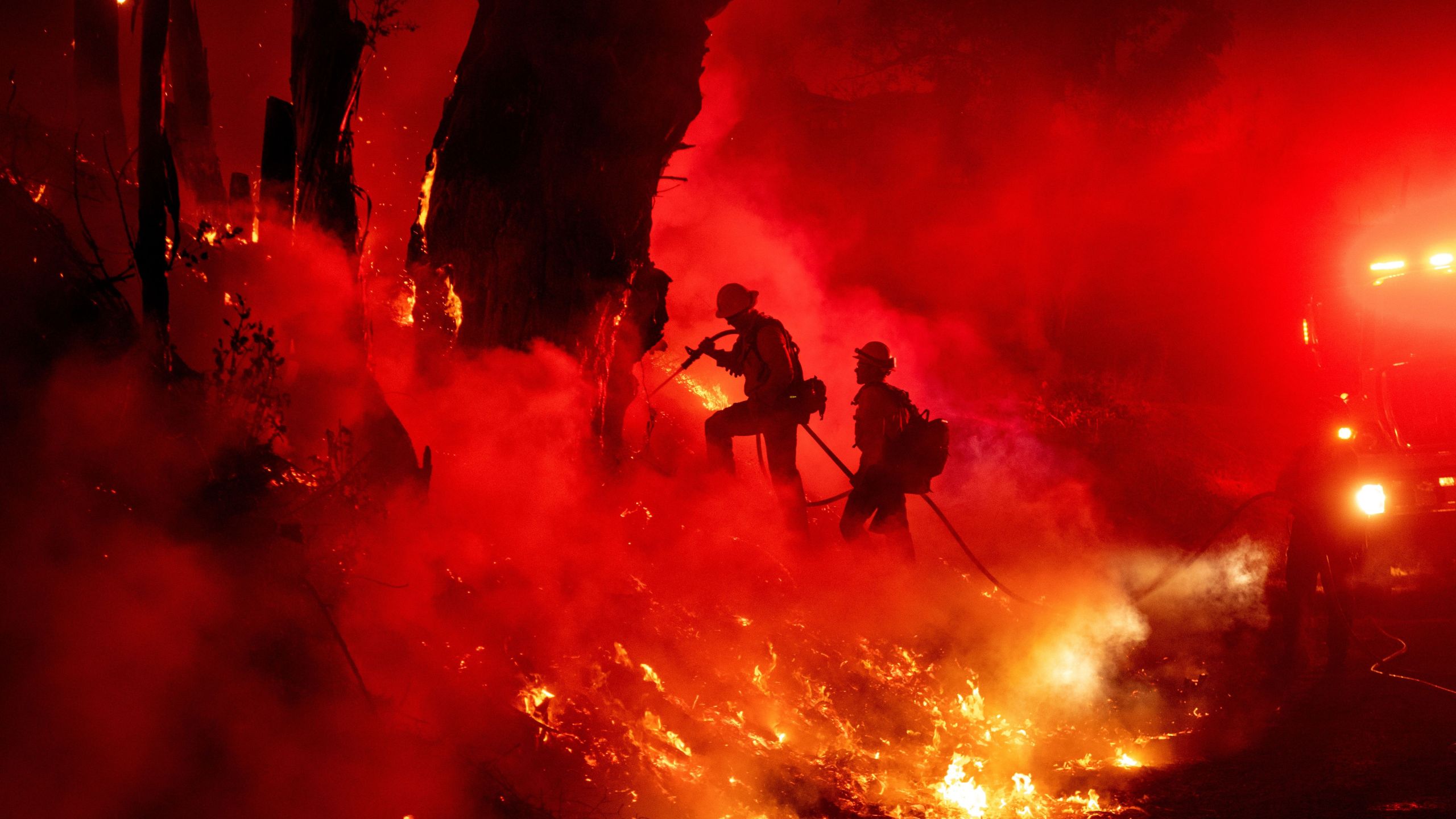 Firefighters work to control flames from a backfire during the Maria Fire near Santa Paula on Nov. 1, 2019. (Credit: Josh Edelson / AFP / Getty Images)