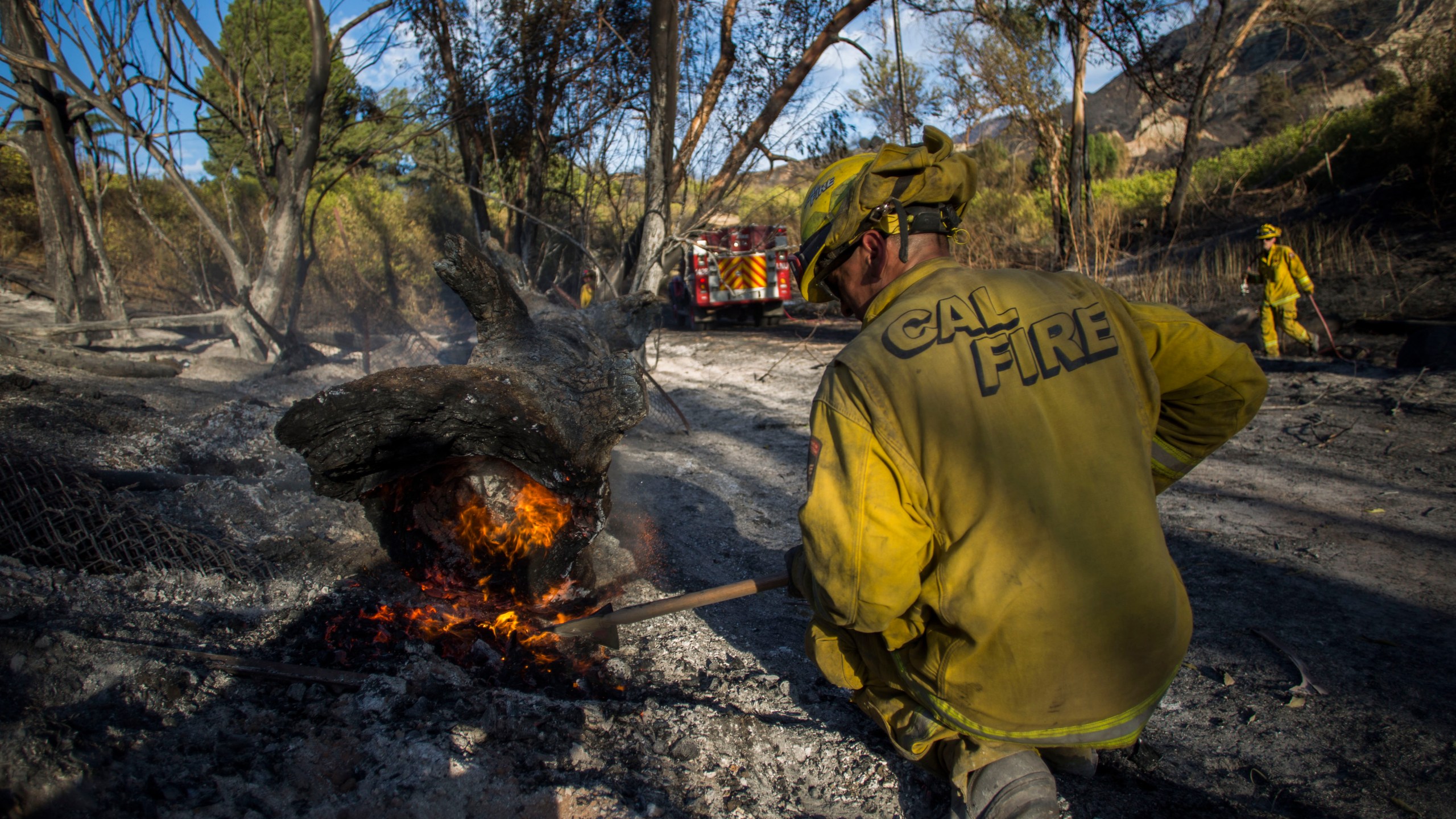 A firefighter controls a hotspot of the Maria Fire, in Santa Paula, Calif. on Nov. 2, 2019. (Credit: APU GOMES/AFP via Getty Images)